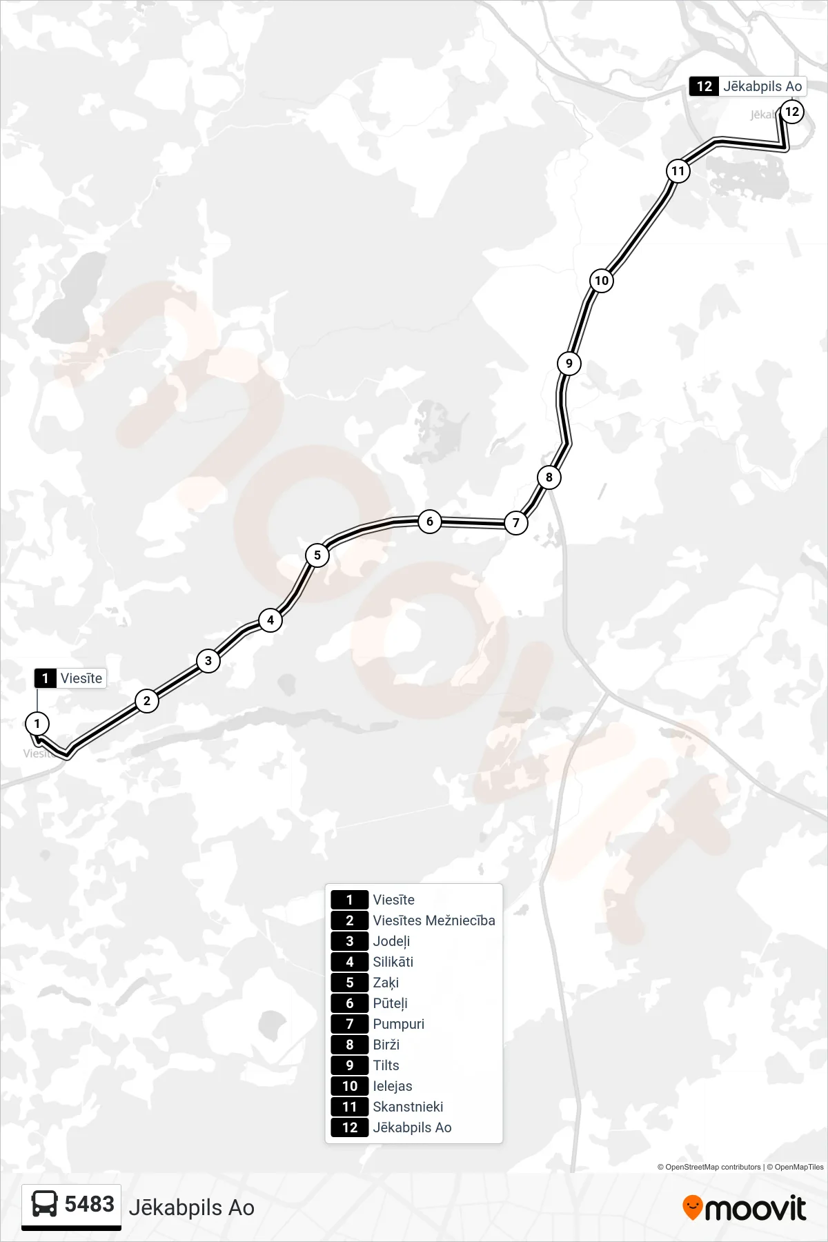 5483 bus Line (Jēkabpils Ao) route and stops on a map