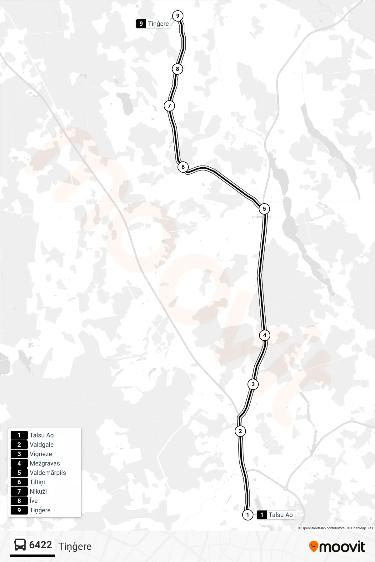 6422 bus Line (Tiņģere) route and stops on a map