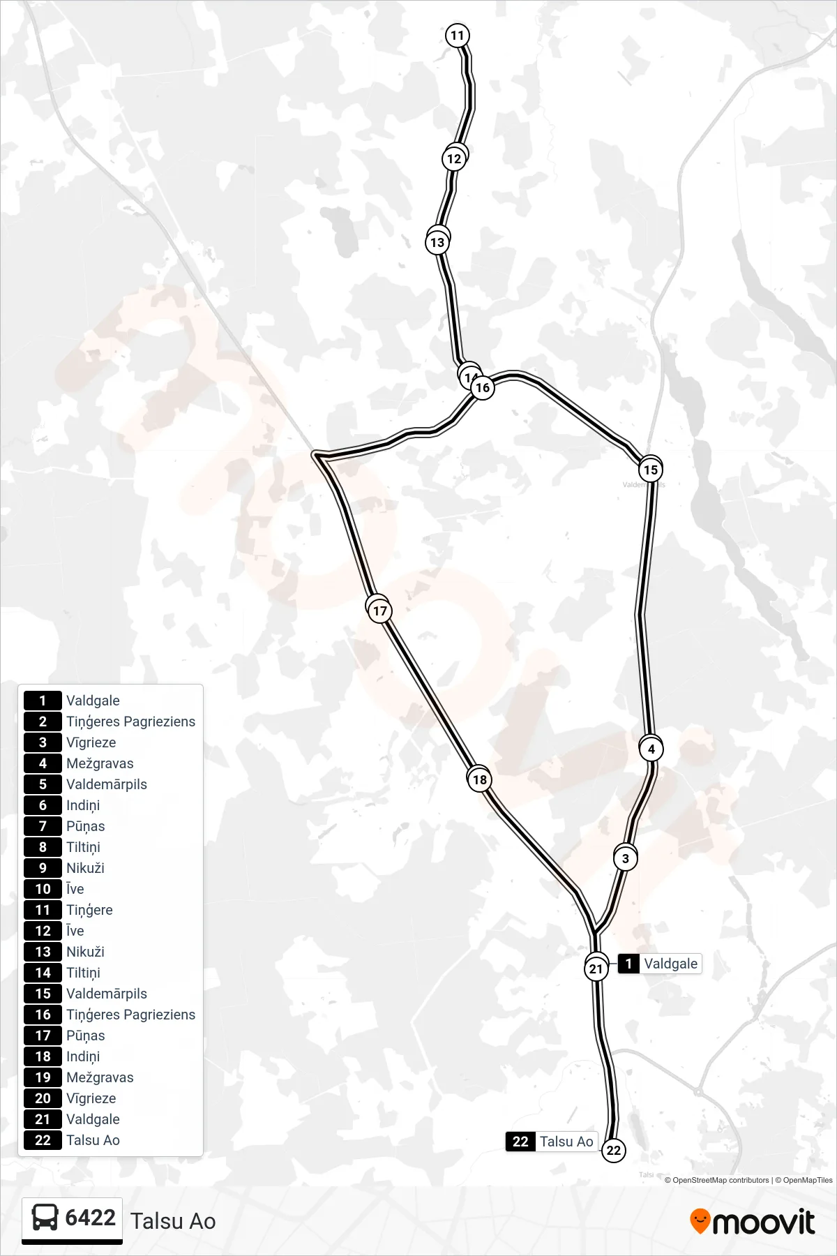6422 bus Line (Talsu Ao) route and stops on a map