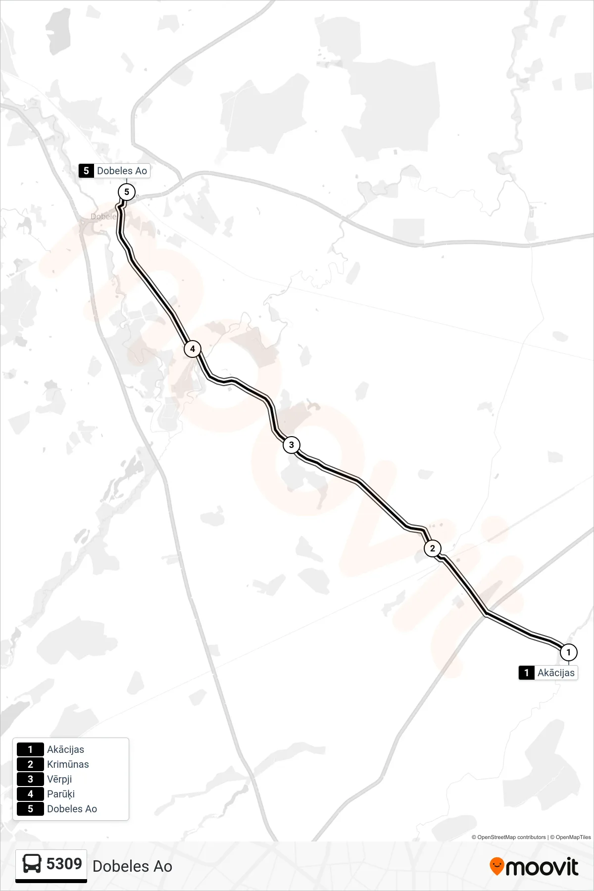 5309 bus Line (Dobeles Ao) route and stops on a map