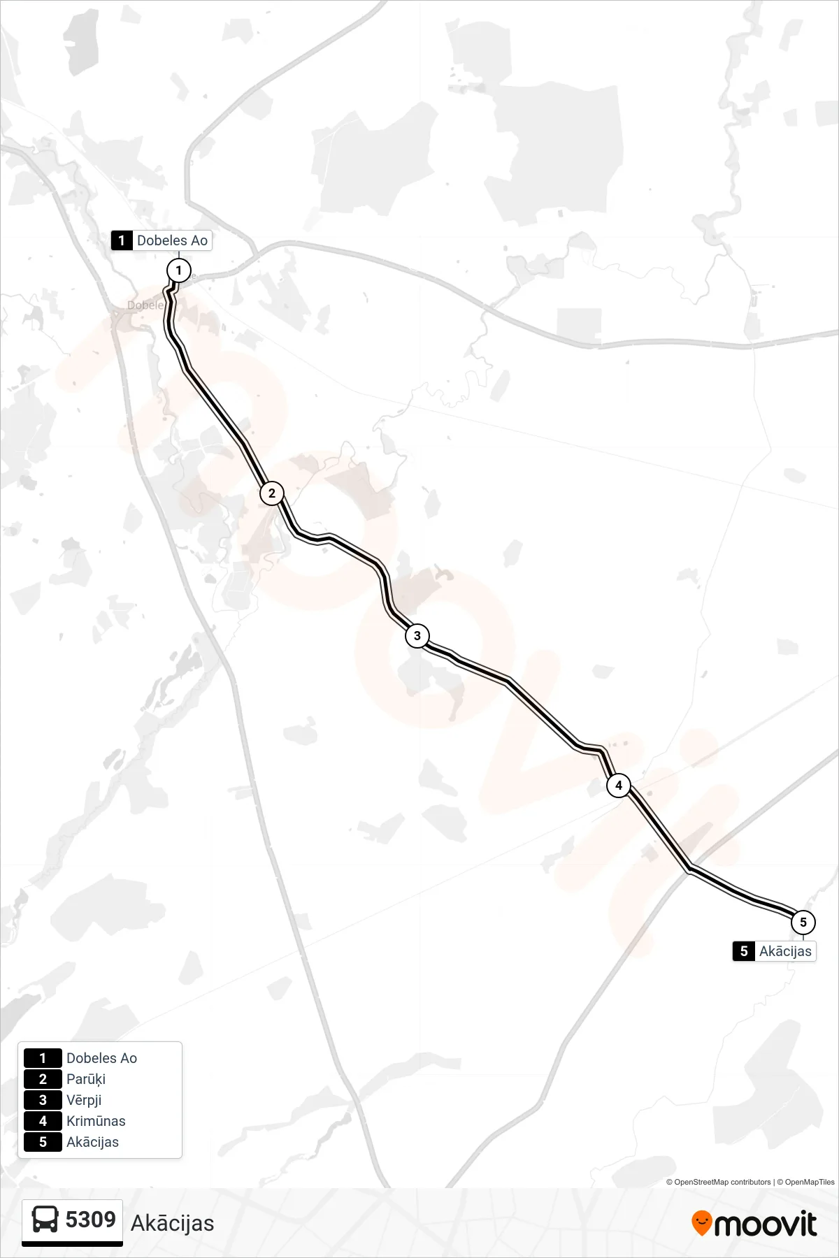 5309 bus Line (Akācijas) route and stops on a map