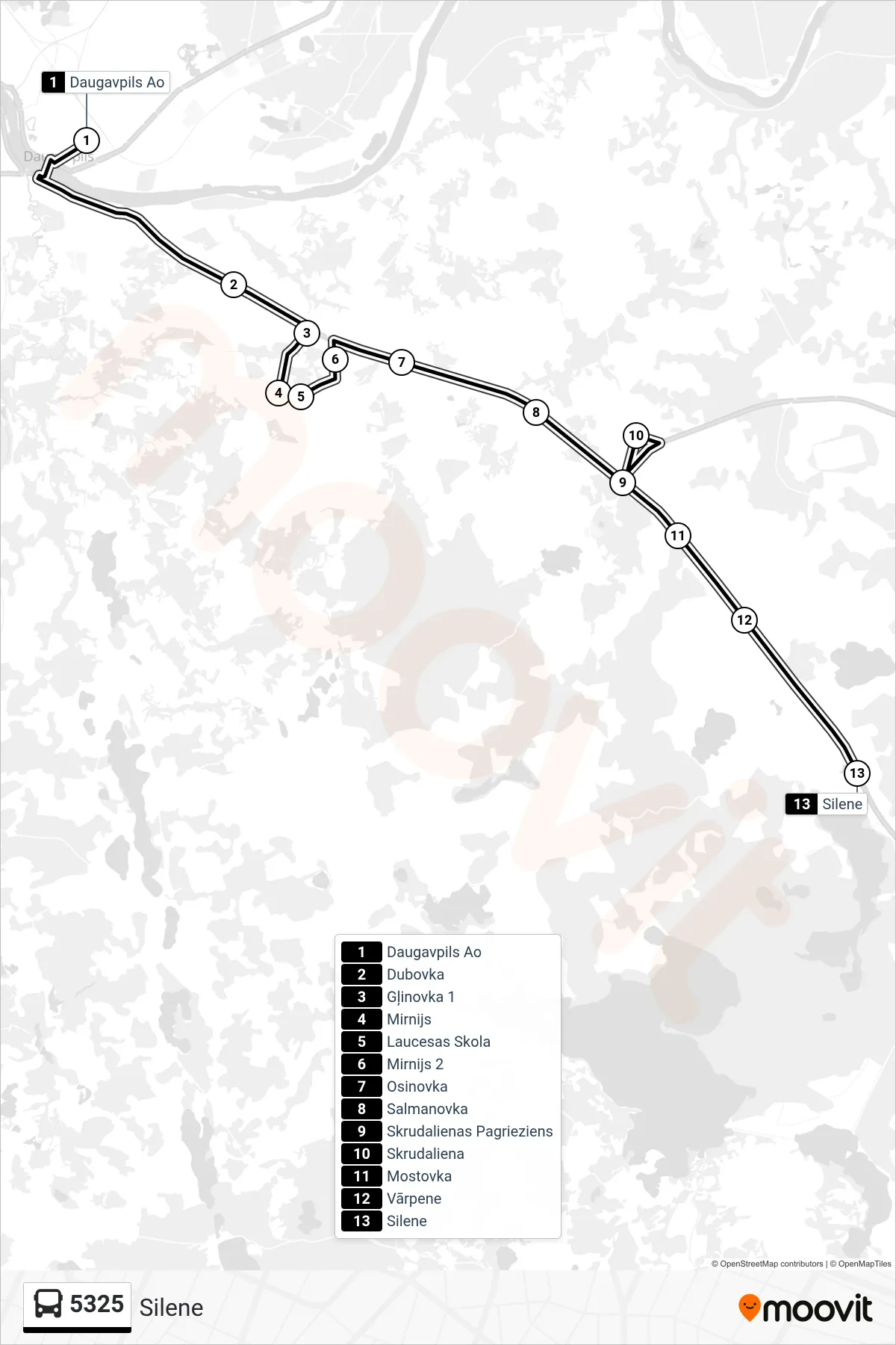 5325 bus Line (Silene) route and stops on a map