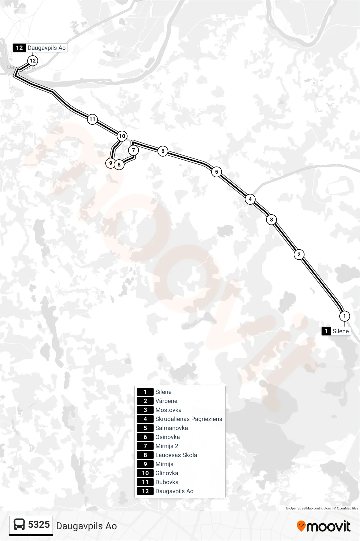 5325 bus Line (Daugavpils Ao) route and stops on a map