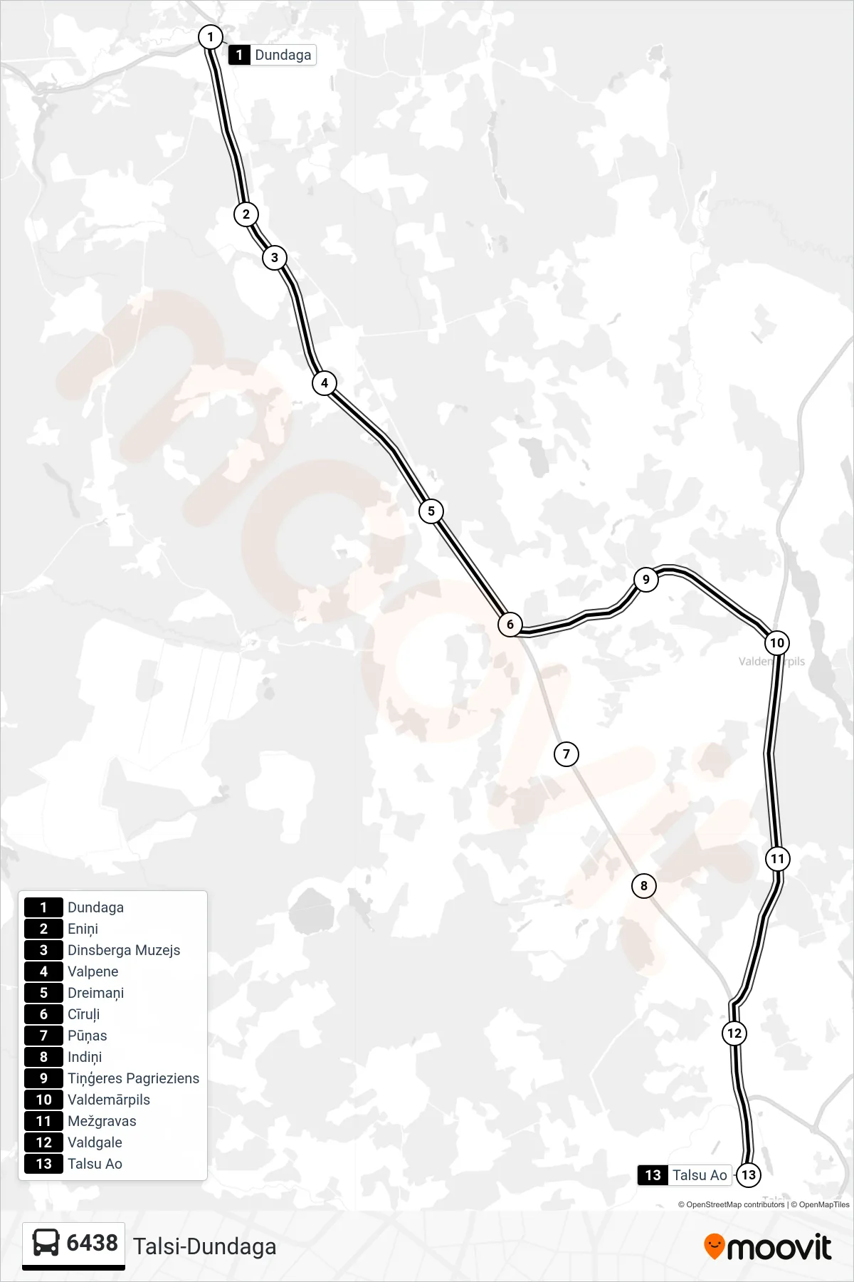 6438 bus Line (Talsu Ao) route and stops on a map