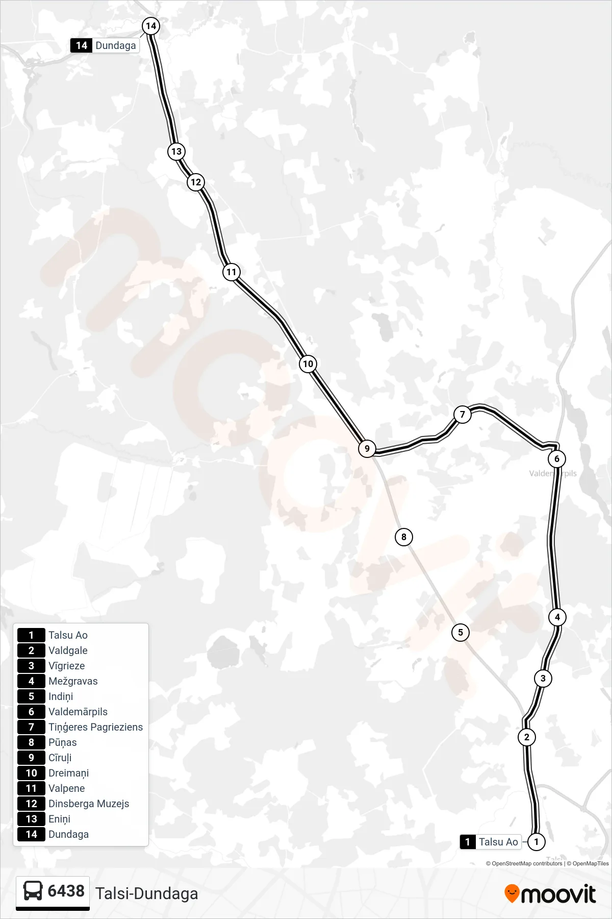 6438 bus Line (Dundaga) route and stops on a map