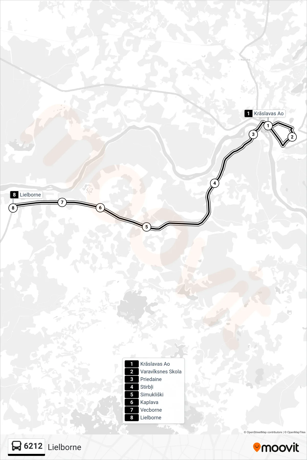 6212 bus Line (Lielborne) route and stops on a map