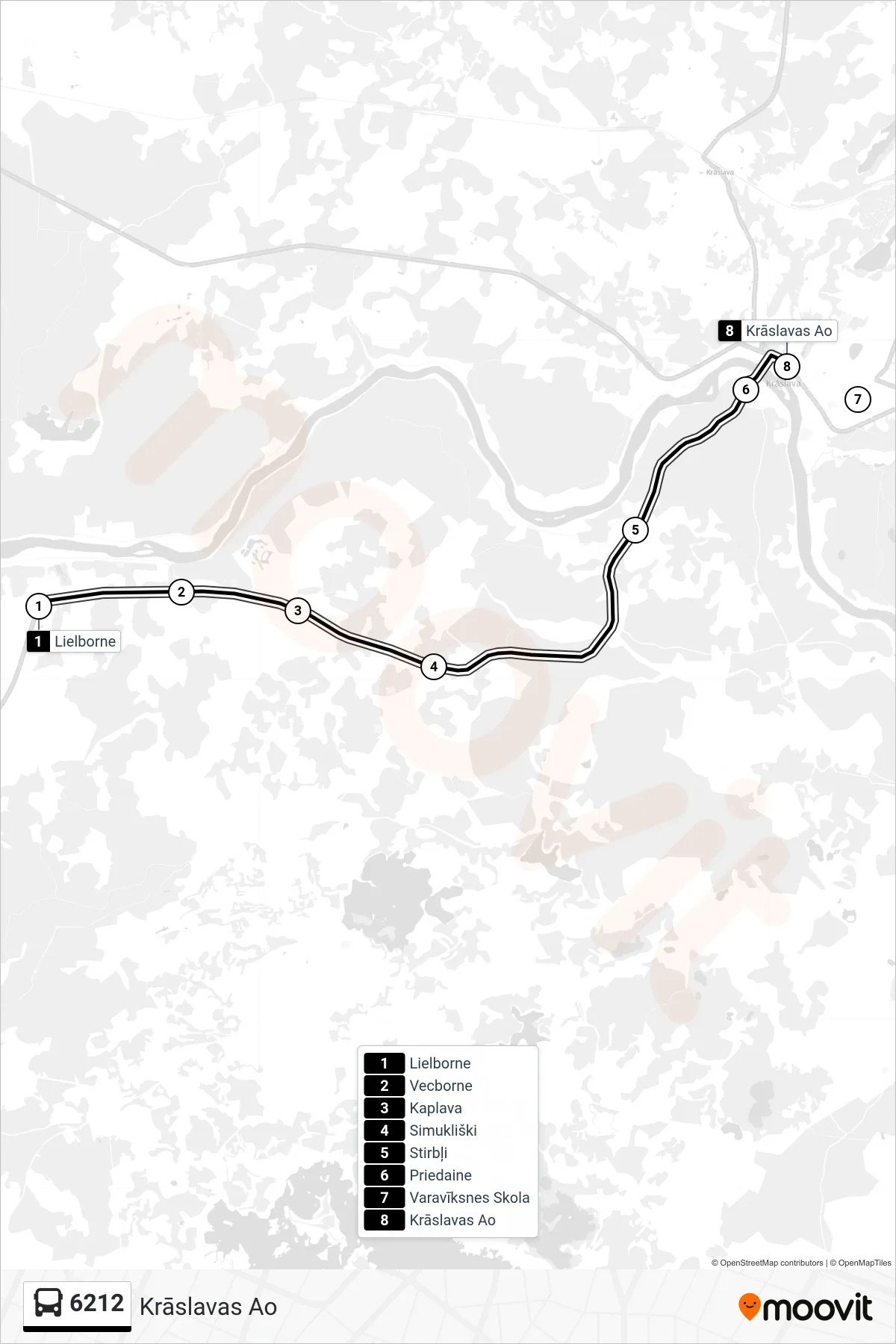 6212 bus Line (Krāslavas Ao) route and stops on a map