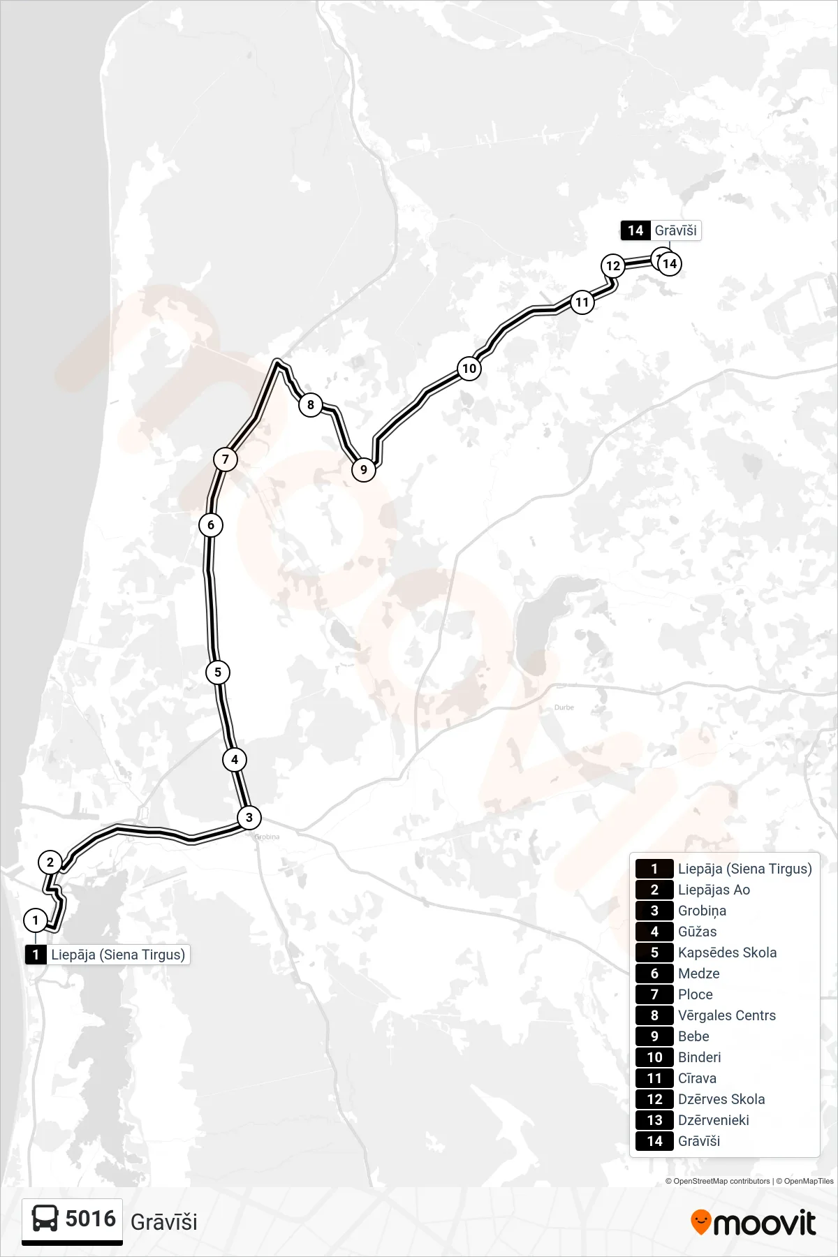 5016 bus Line (Grāvīši) route and stops on a map
