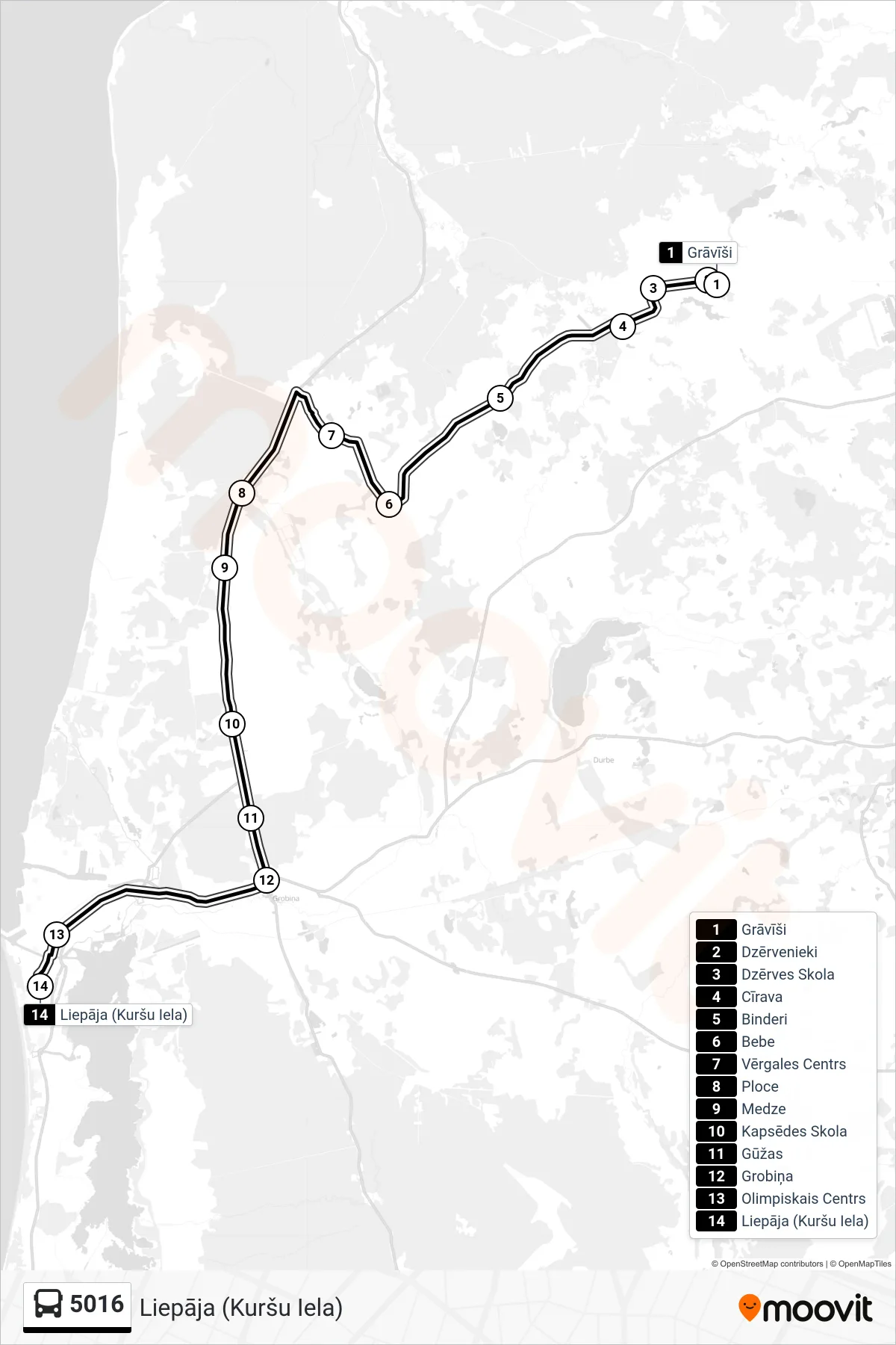 5016 bus Line (Liepāja (Kuršu Iela)) route and stops on a map