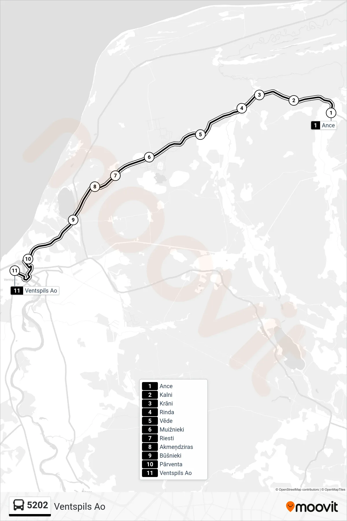 5202 bus Line (Ventspils Ao) route and stops on a map