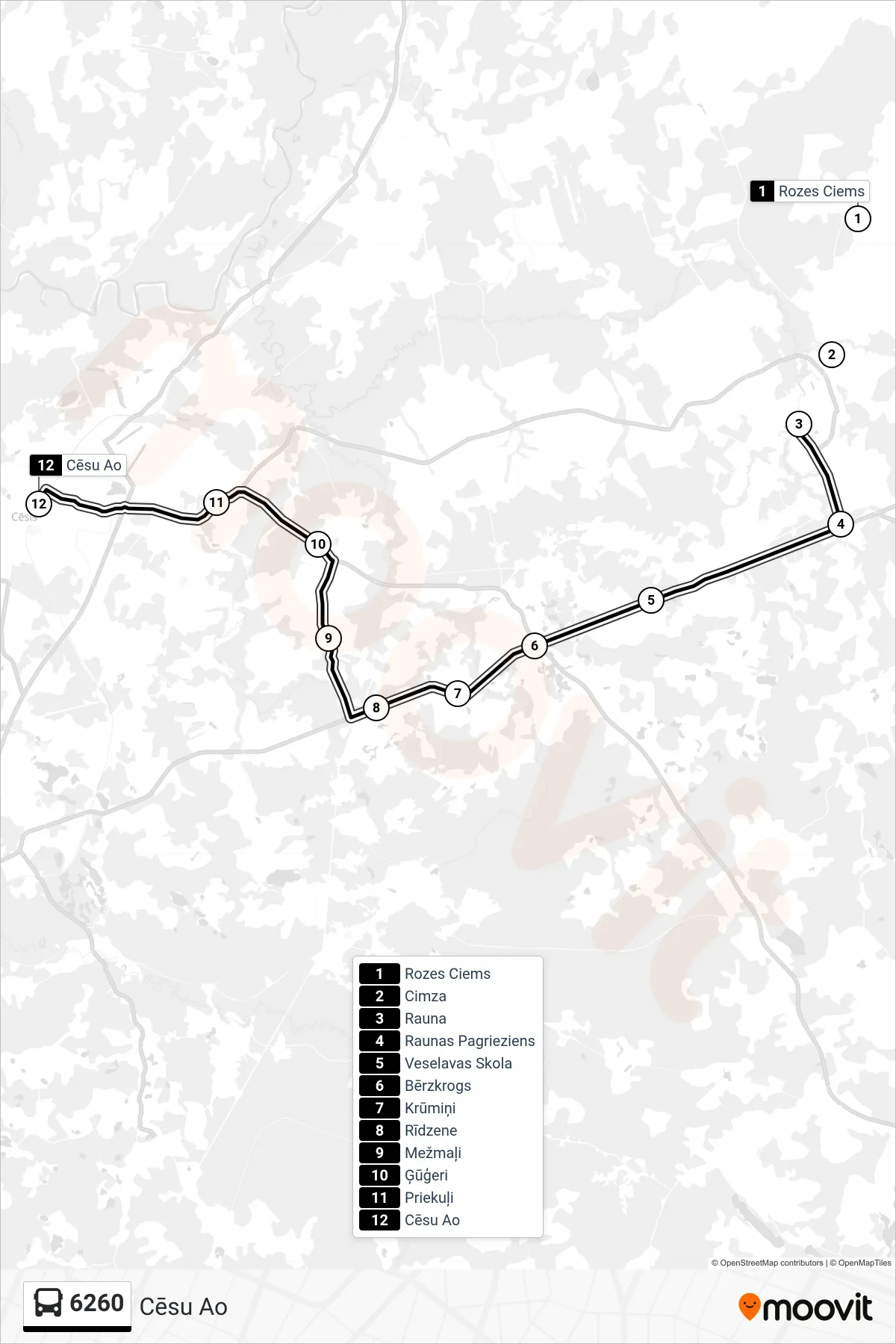 6260 bus Line (Cēsu Ao) route and stops on a map