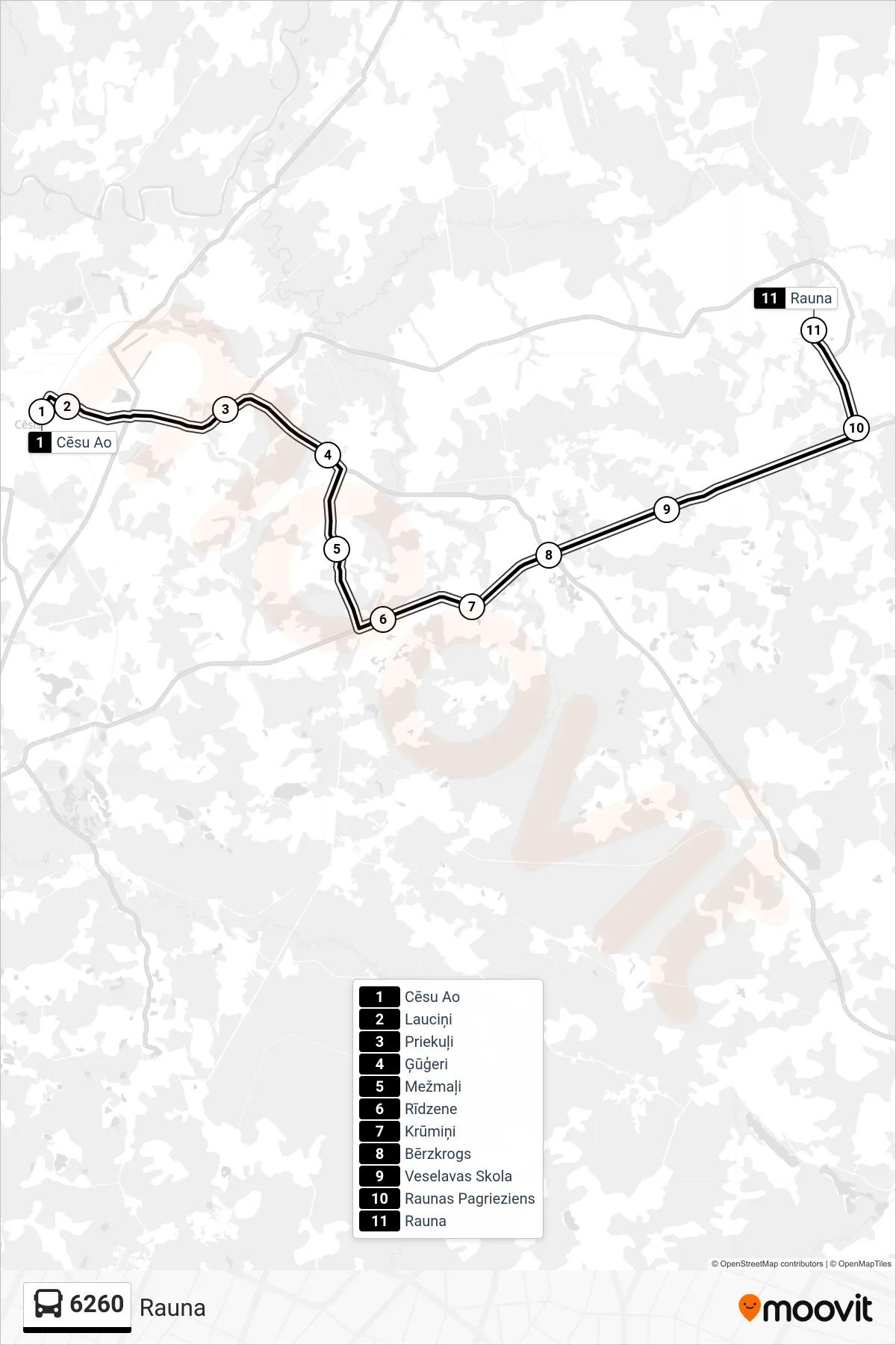 6260 bus Line (Rauna) route and stops on a map
