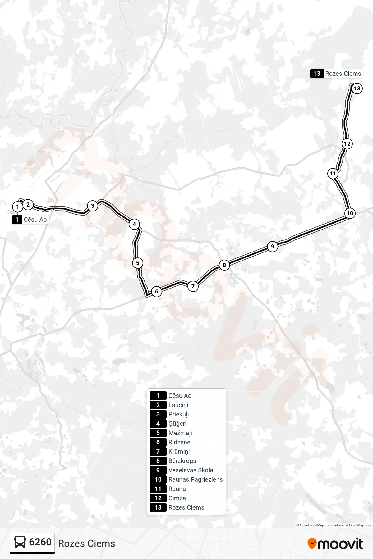 6260 bus Line (Rozes Ciems) route and stops on a map