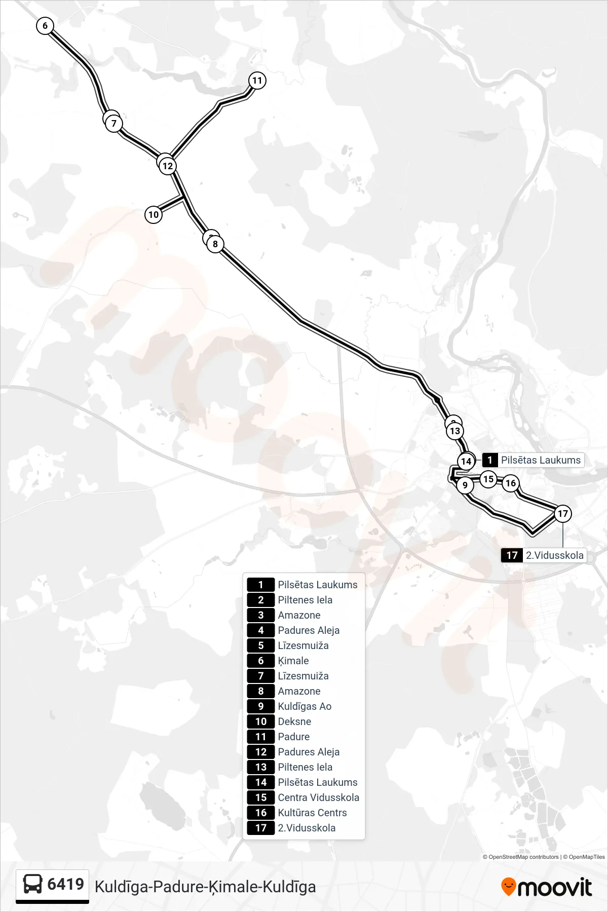 6419 bus Line (Kuldīgas Ao) route and stops on a map