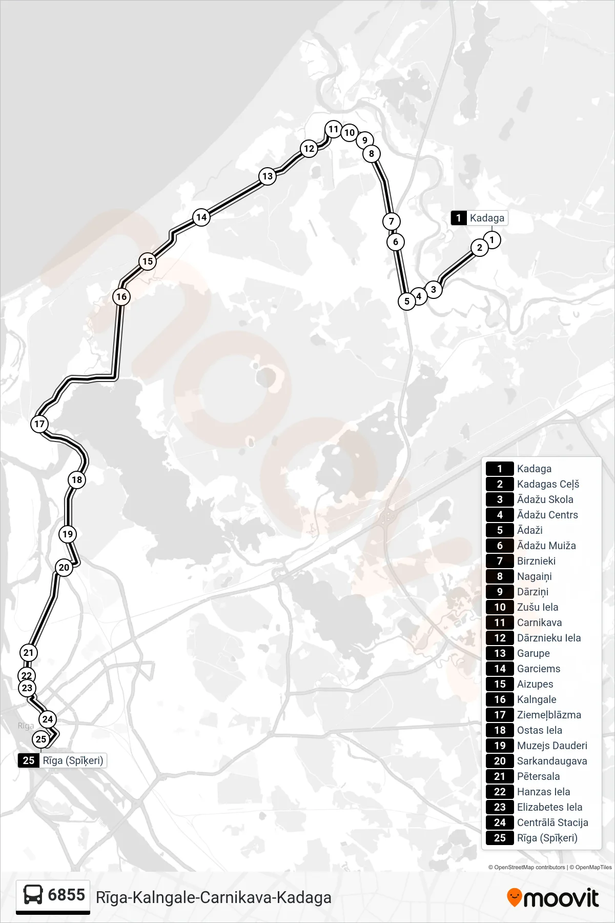 6855 bus Line (Rīga (Spīķeri)) route and stops on a map