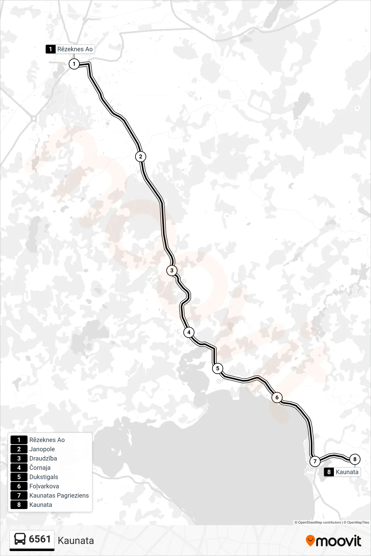 6561 bus Line (Kaunata) route and stops on a map