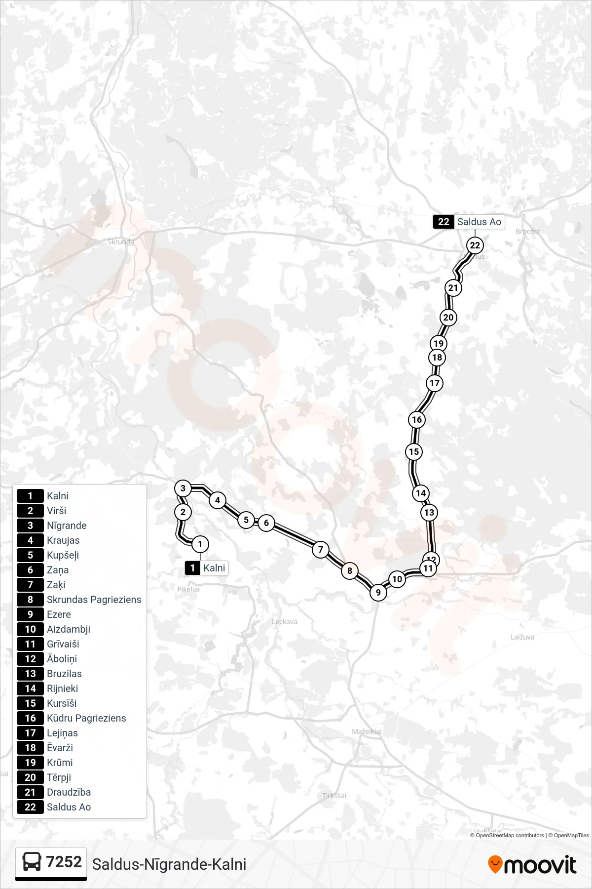 7252 bus Line (Saldus Ao) route and stops on a map