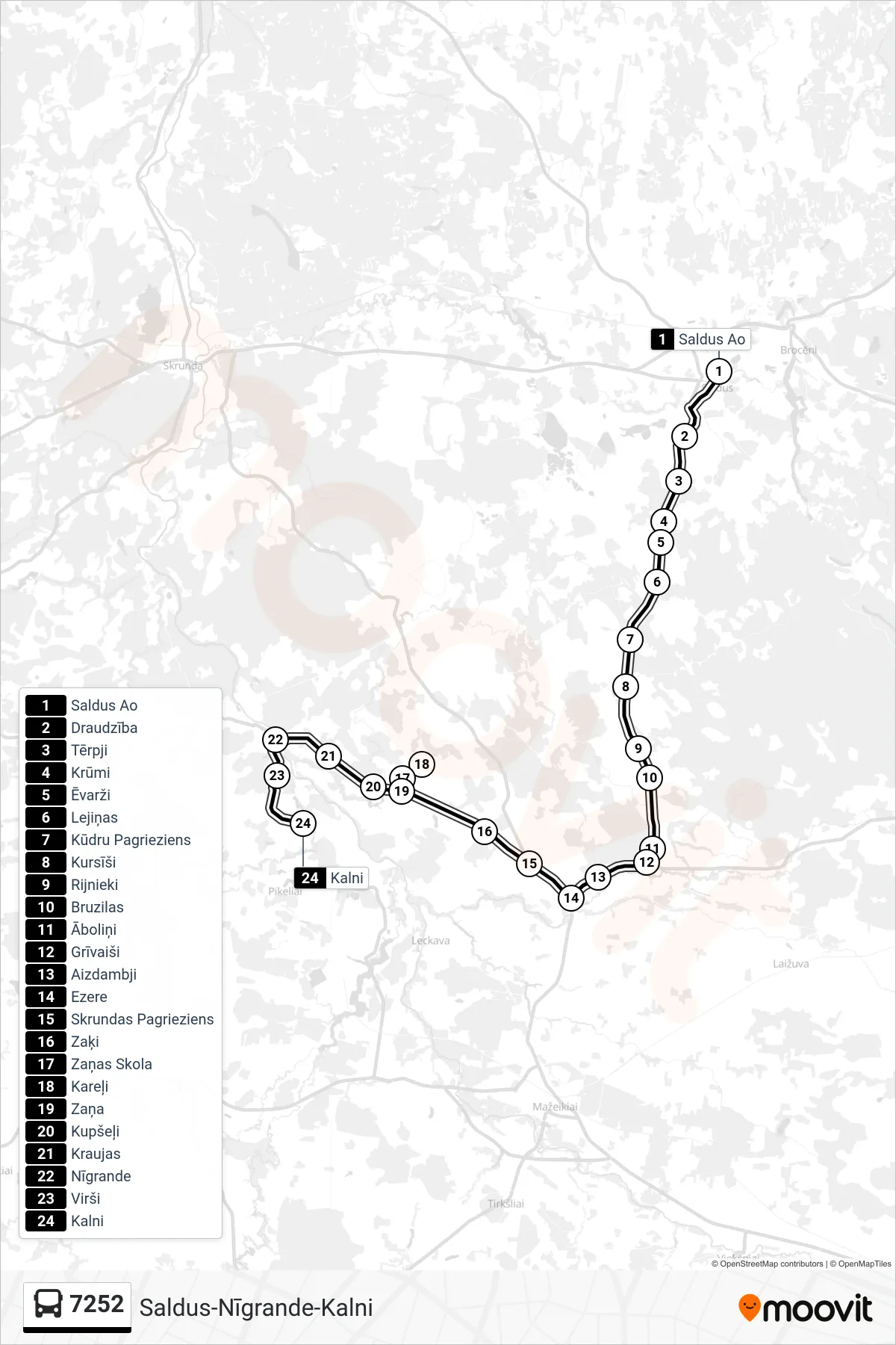 7252 bus Line (Kalni) route and stops on a map