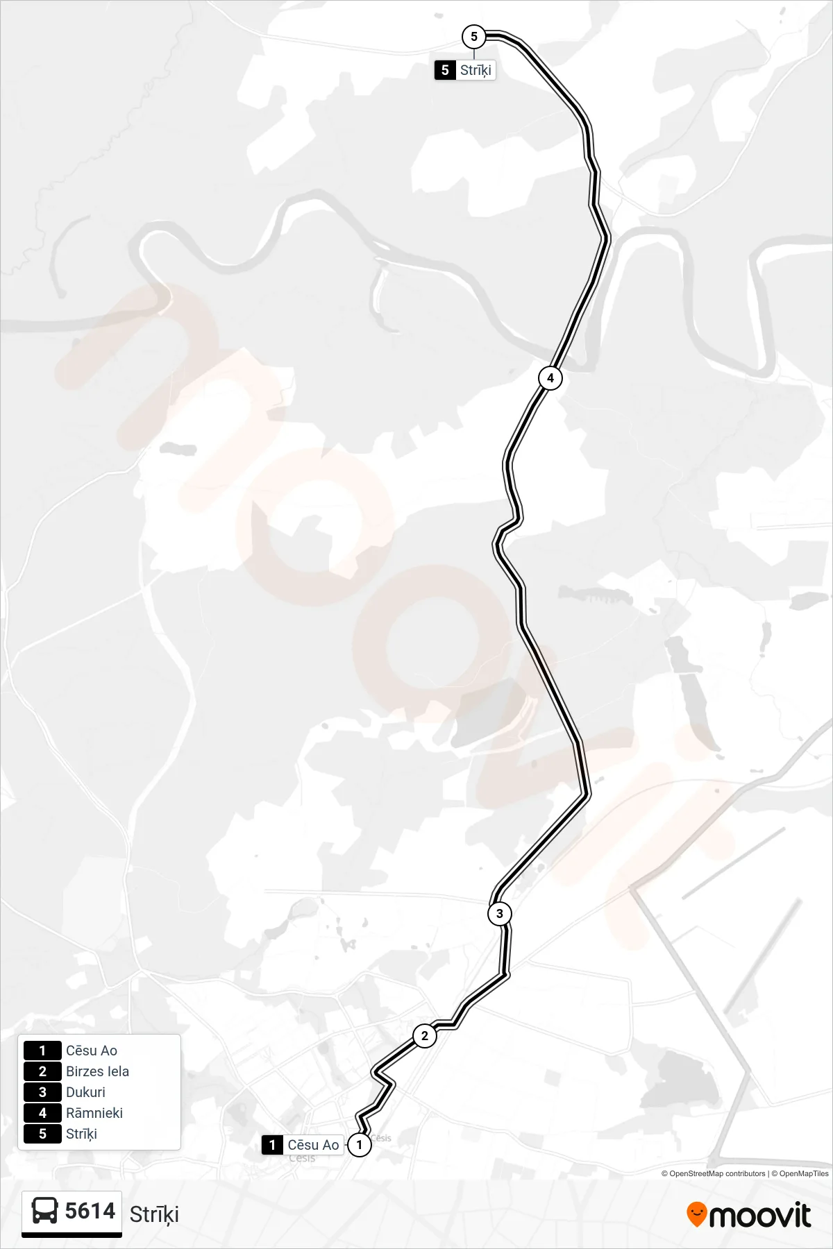5614 bus Line (Strīķi) route and stops on a map