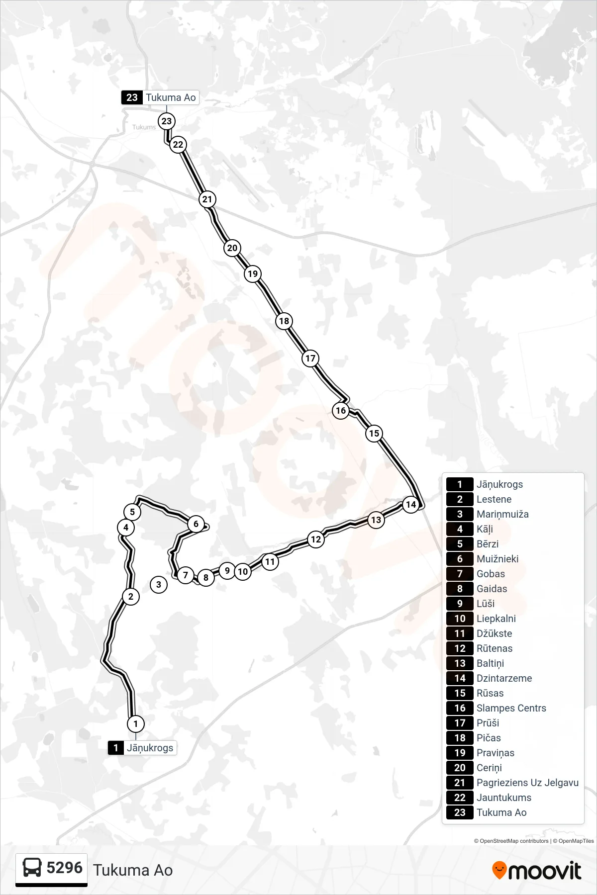 5296 bus Line (Tukuma Ao) route and stops on a map