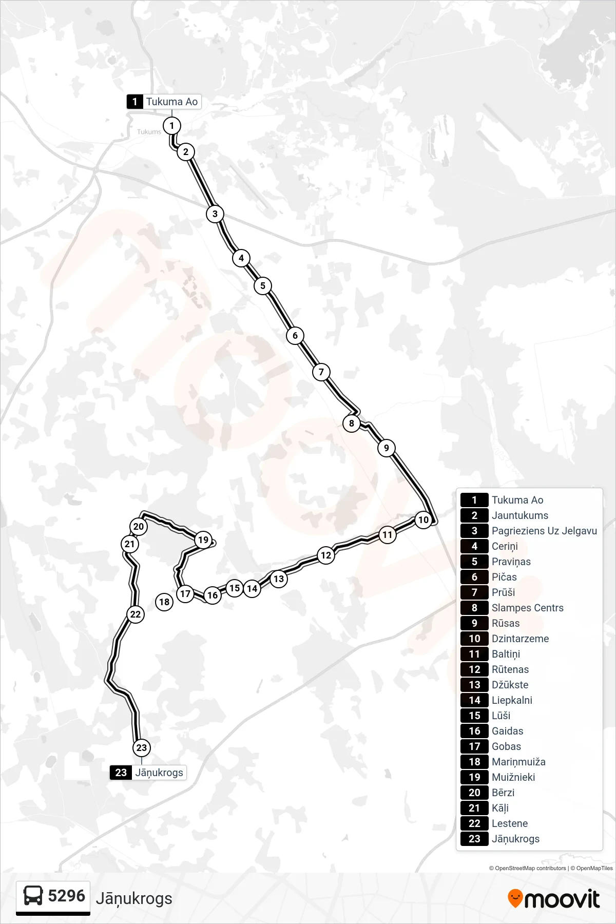 5296 bus Line (Jāņukrogs) route and stops on a map