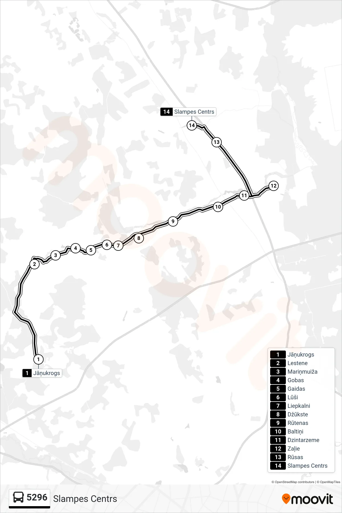 5296 bus Line (Slampes Centrs) route and stops on a map