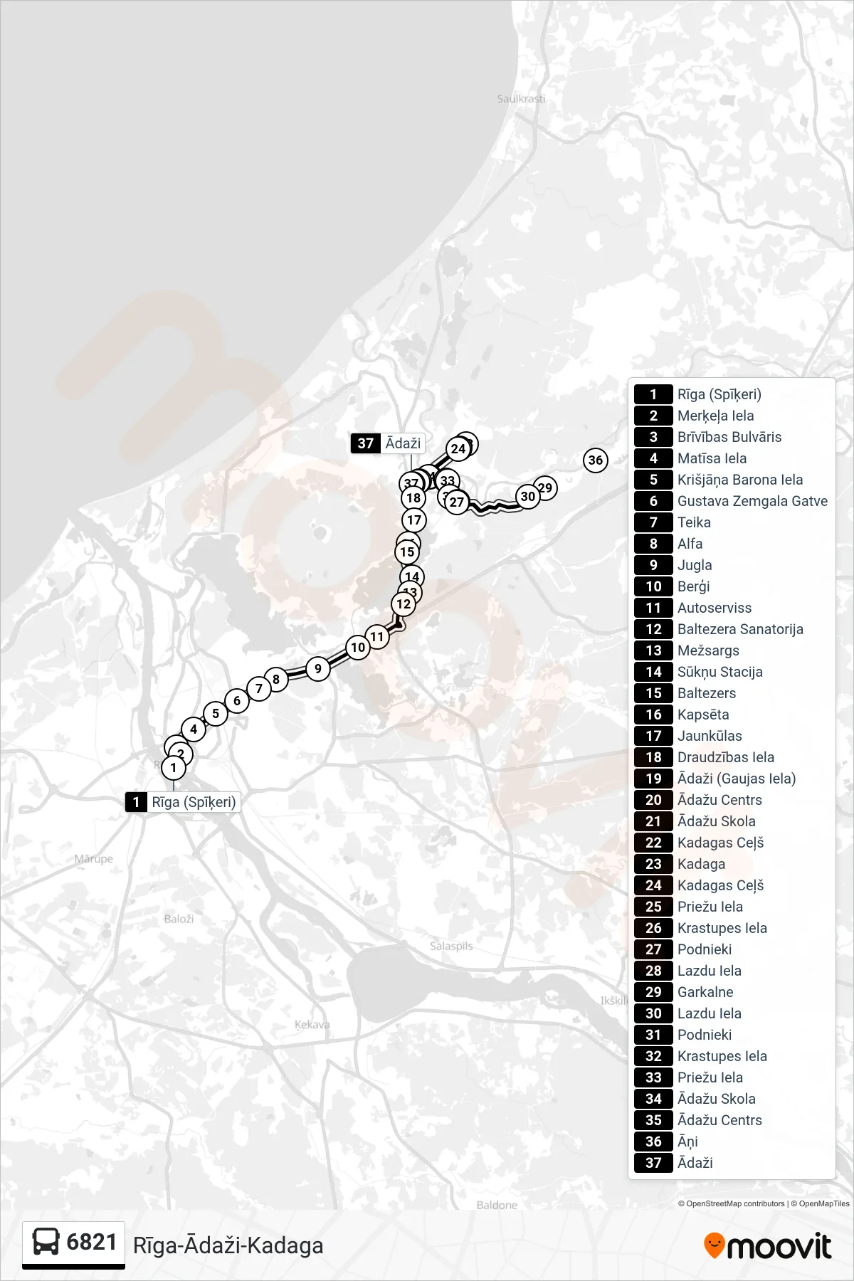 6821 bus Line (Ādaži) route and stops on a map
