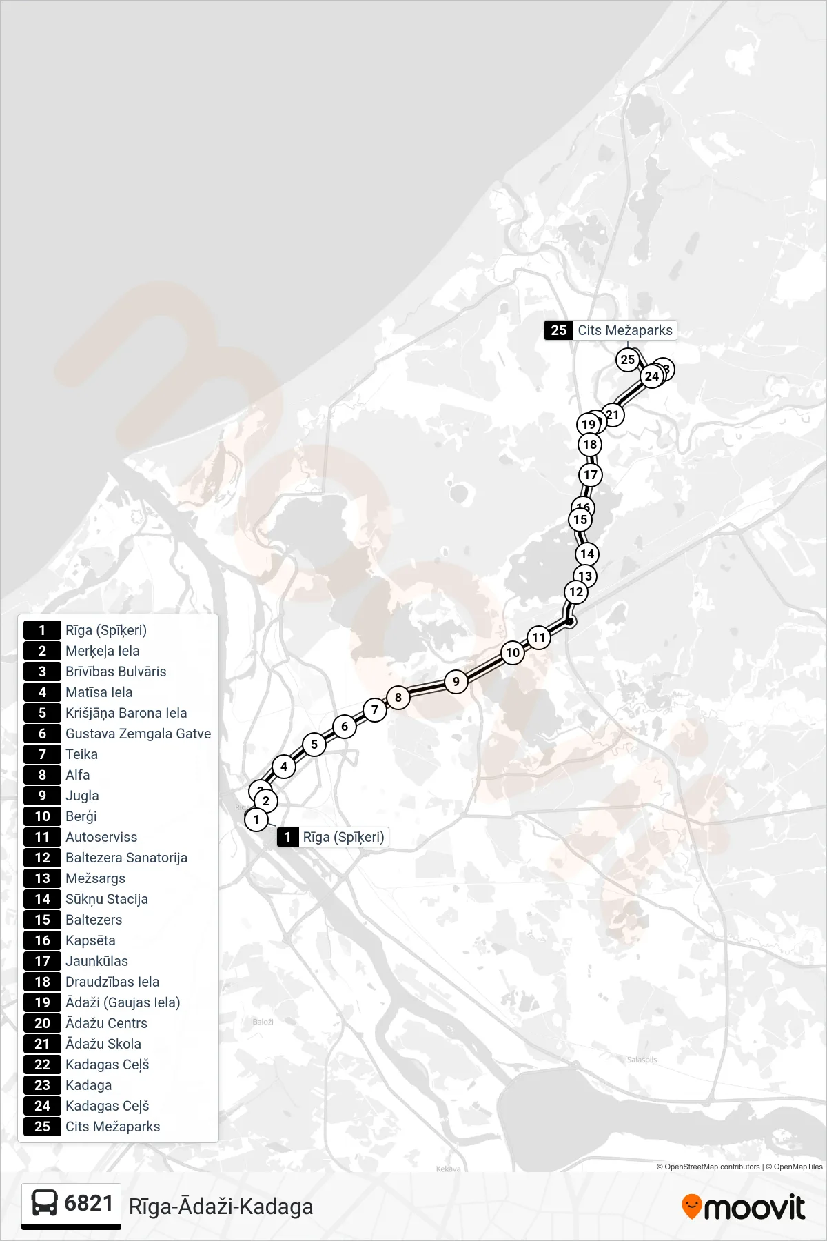 6821 bus Line (Cits Mežaparks) route and stops on a map
