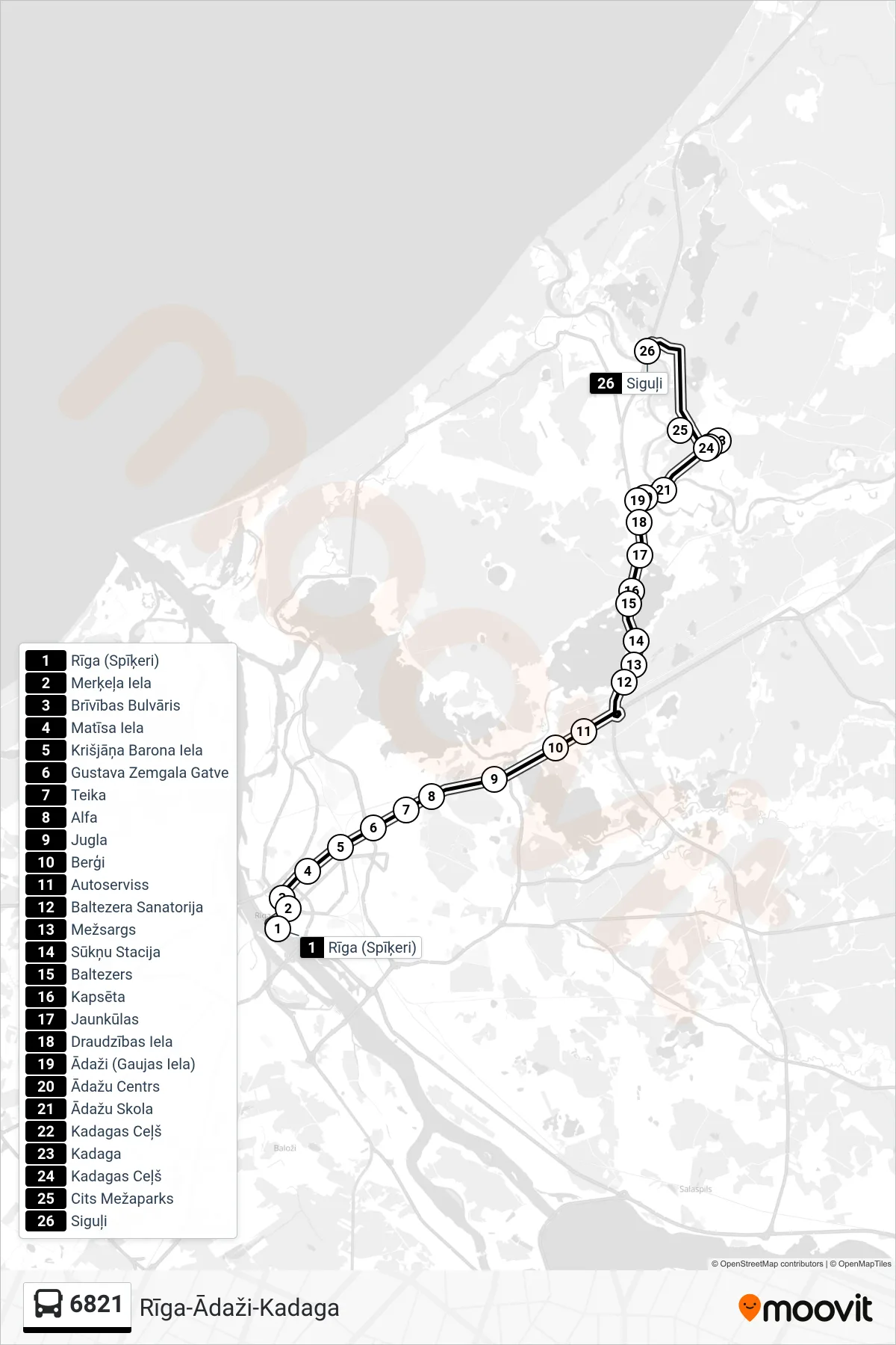 6821 bus Line (Siguļi) route and stops on a map
