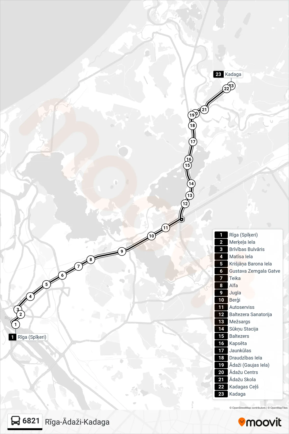 6821 bus Line (Kadaga) route and stops on a map