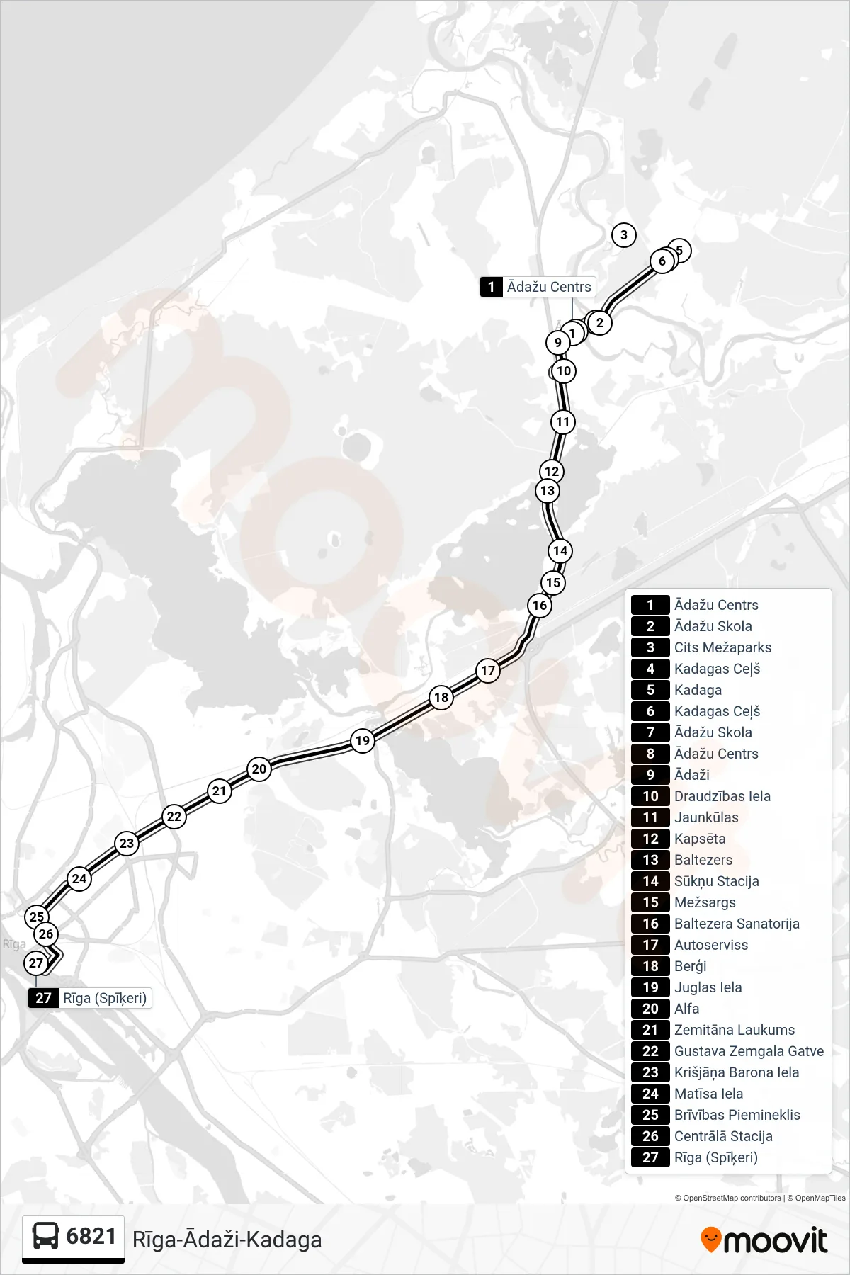 6821 bus Line (Rīga (Spīķeri)) route and stops on a map