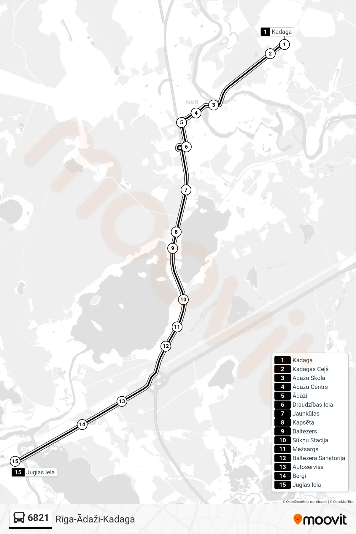6821 bus Line (Jugla) route and stops on a map