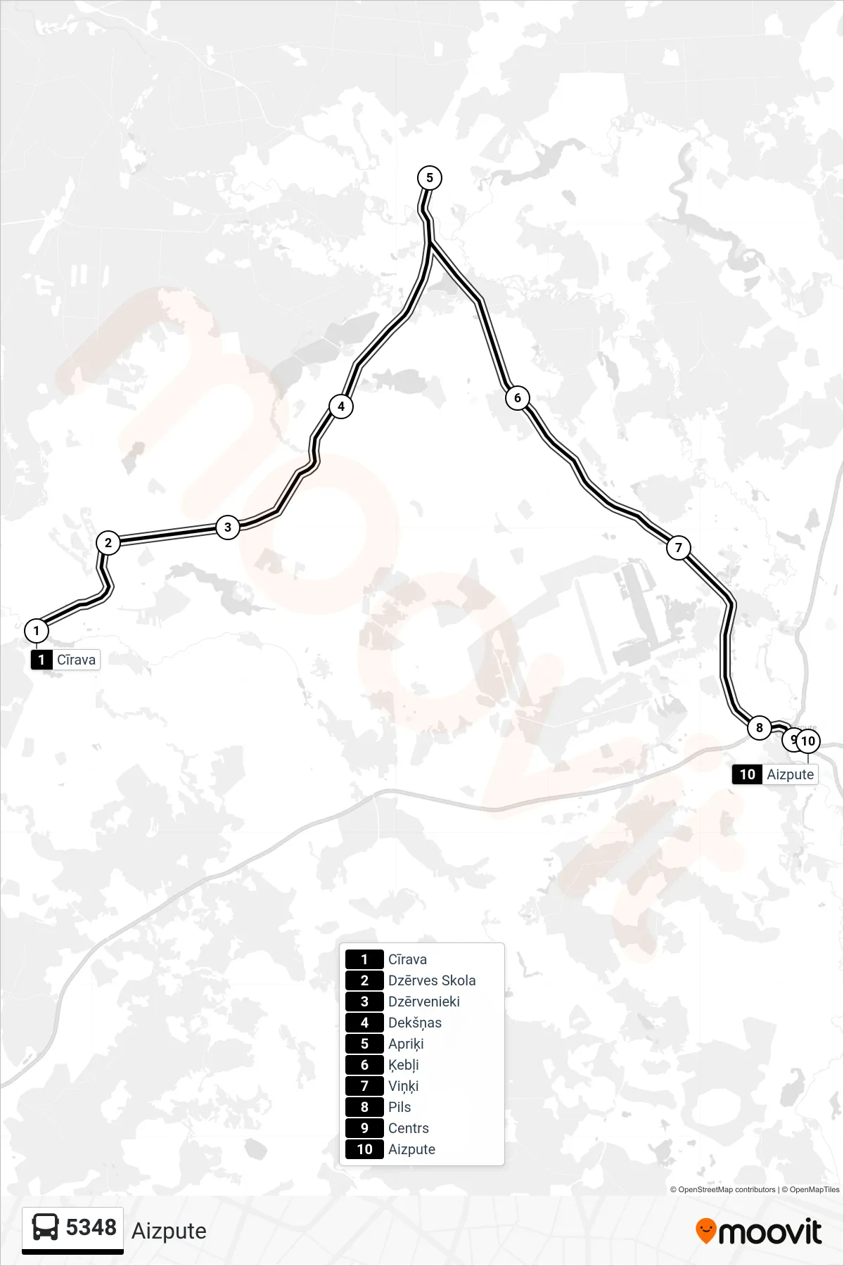 5348 bus Line (Aizpute) route and stops on a map
