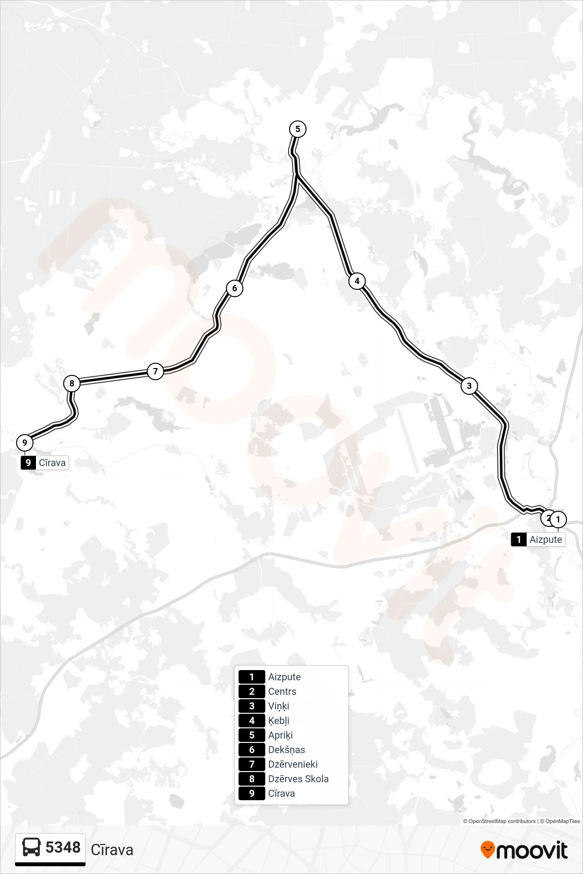 5348 bus Line (Cīrava) route and stops on a map