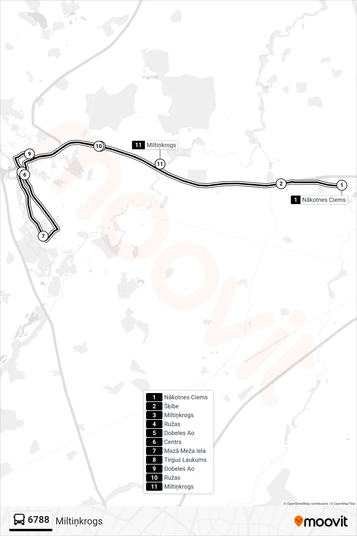 6788 bus Line (Miltiņkrogs) route and stops on a map
