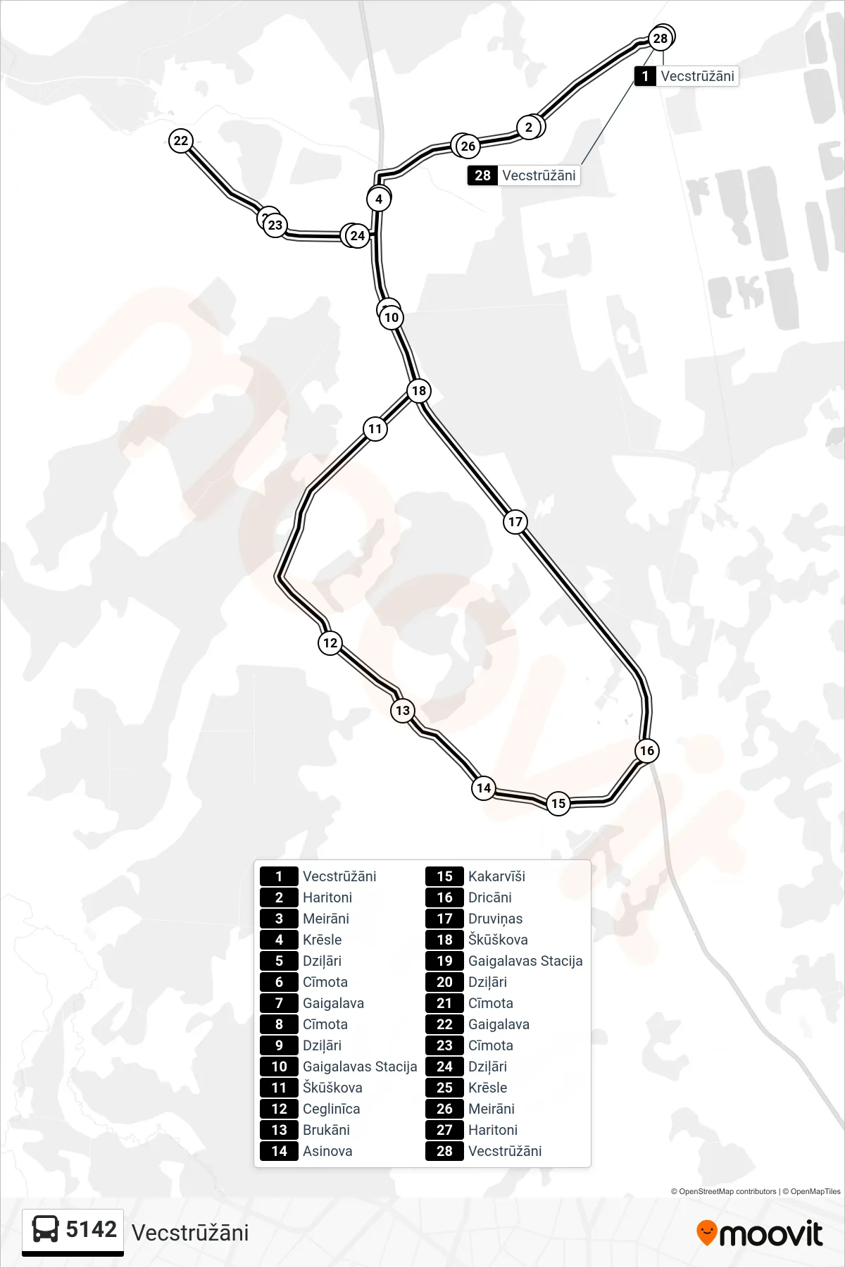 5142 bus Line (Vecstrūžāni) route and stops on a map