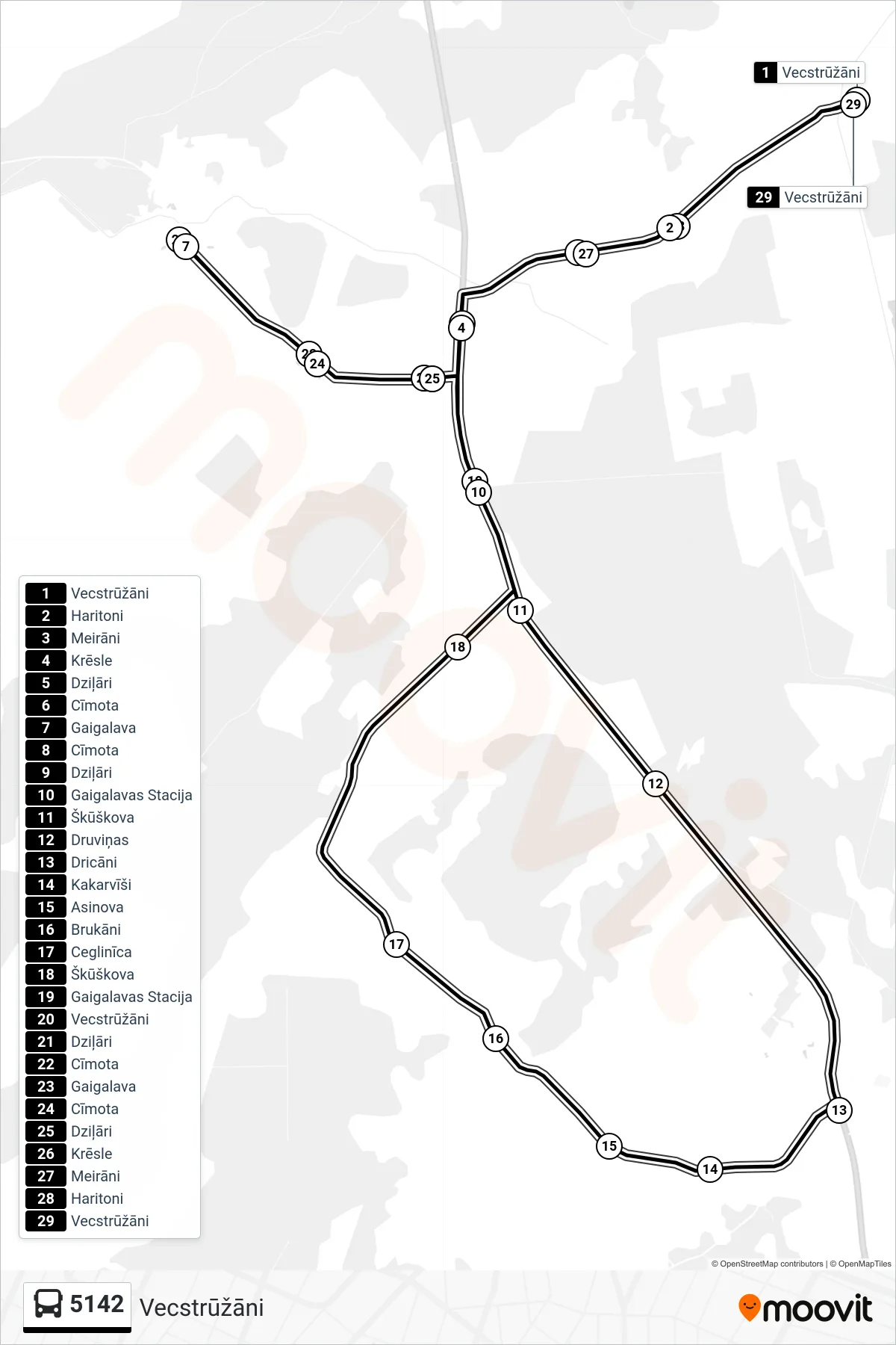 5142 bus Line (Vecstrūžāni) route and stops on a map
