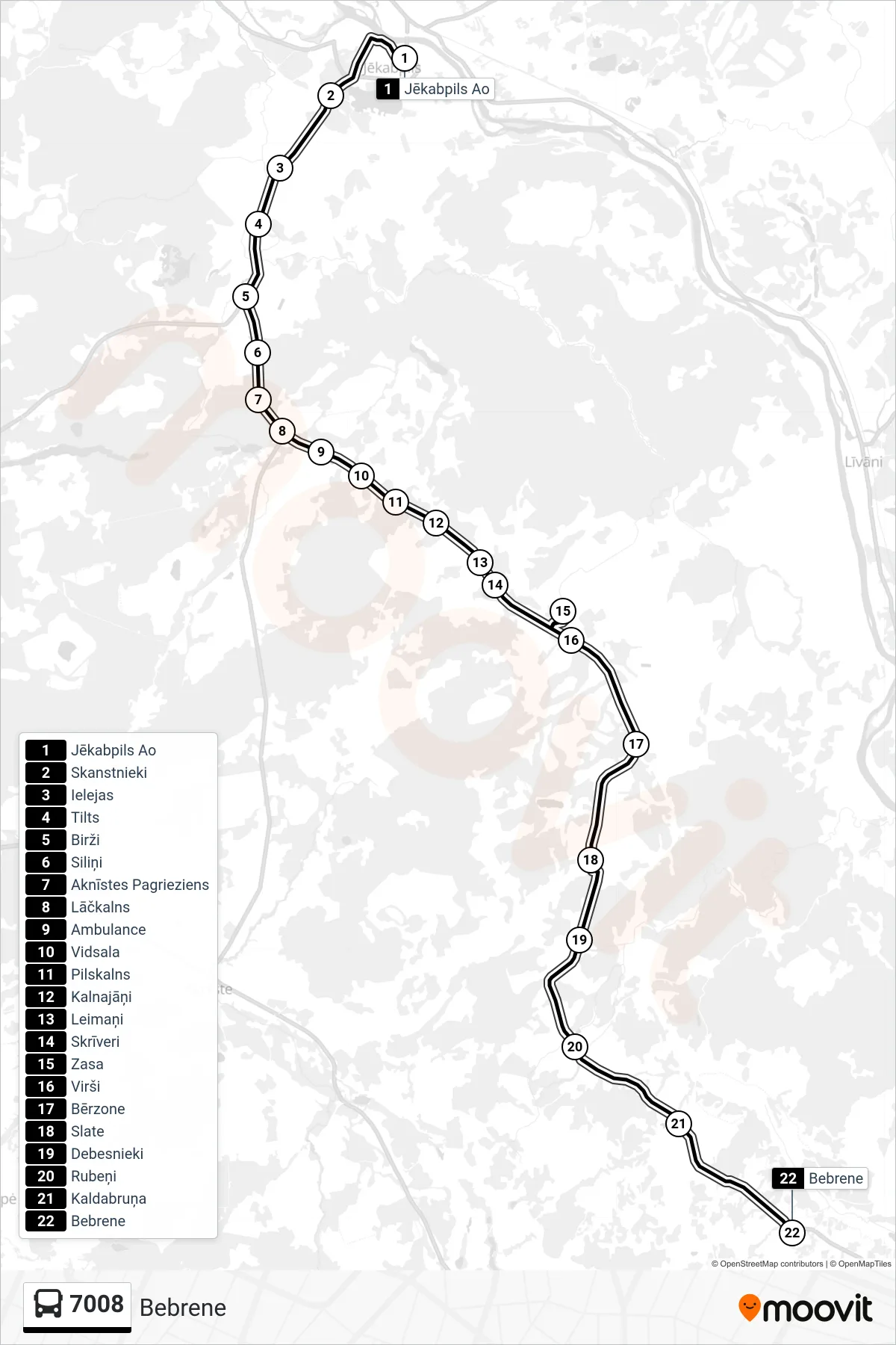 7008 bus Line (Bebrene) route and stops on a map
