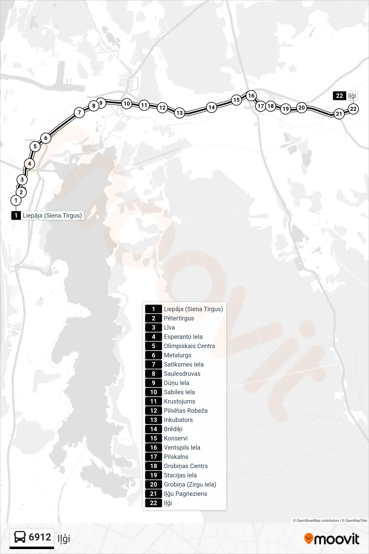 6912 bus Line (Iļģi) route and stops on a map