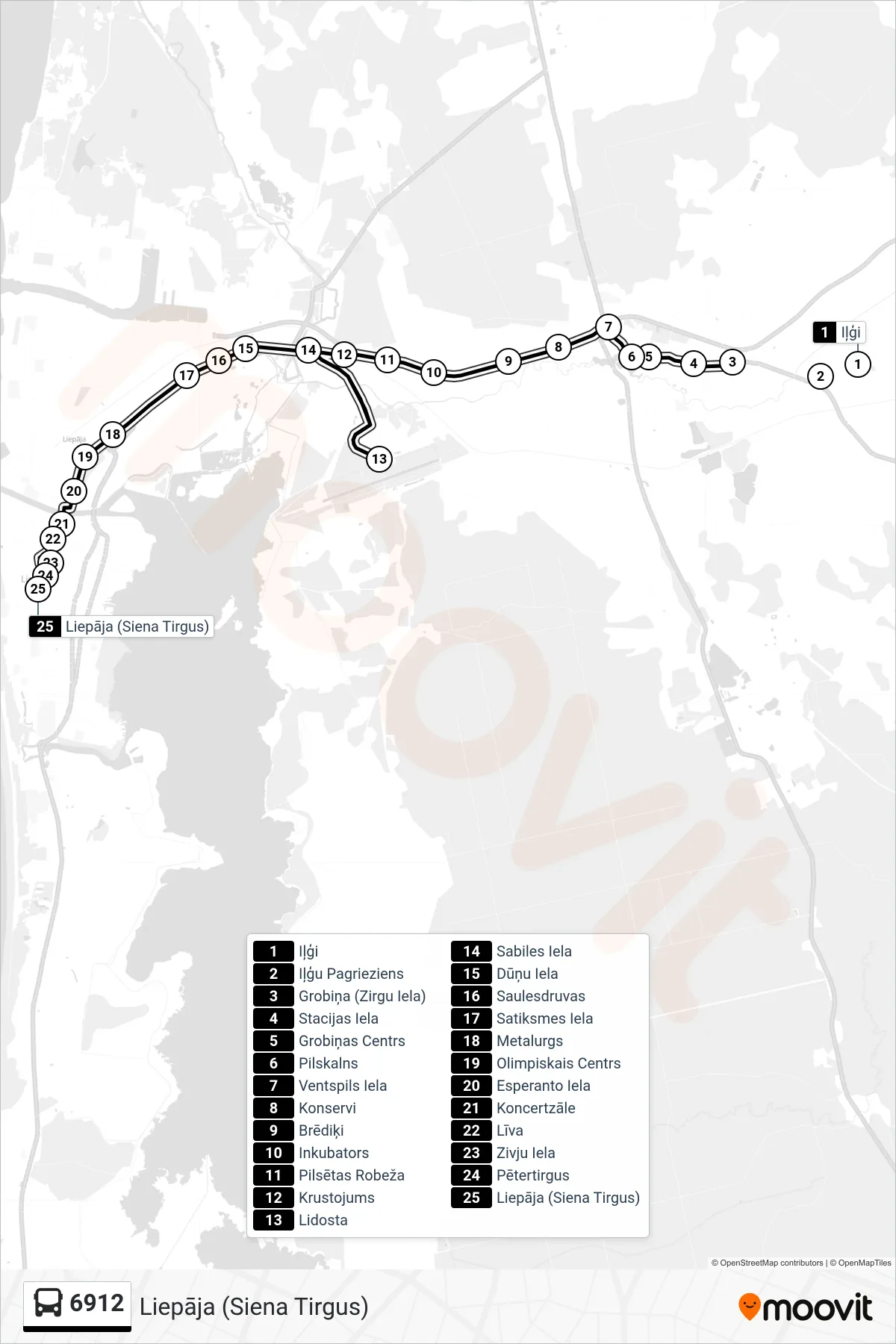 6912 bus Line (Liepāja (Siena Tirgus)) route and stops on a map