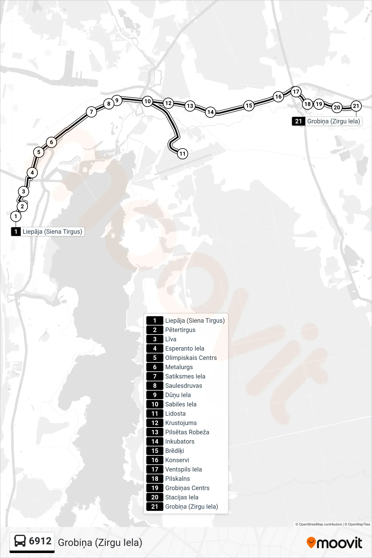 6912 bus Line (Grobiņa (Zirgu Iela)) route and stops on a map