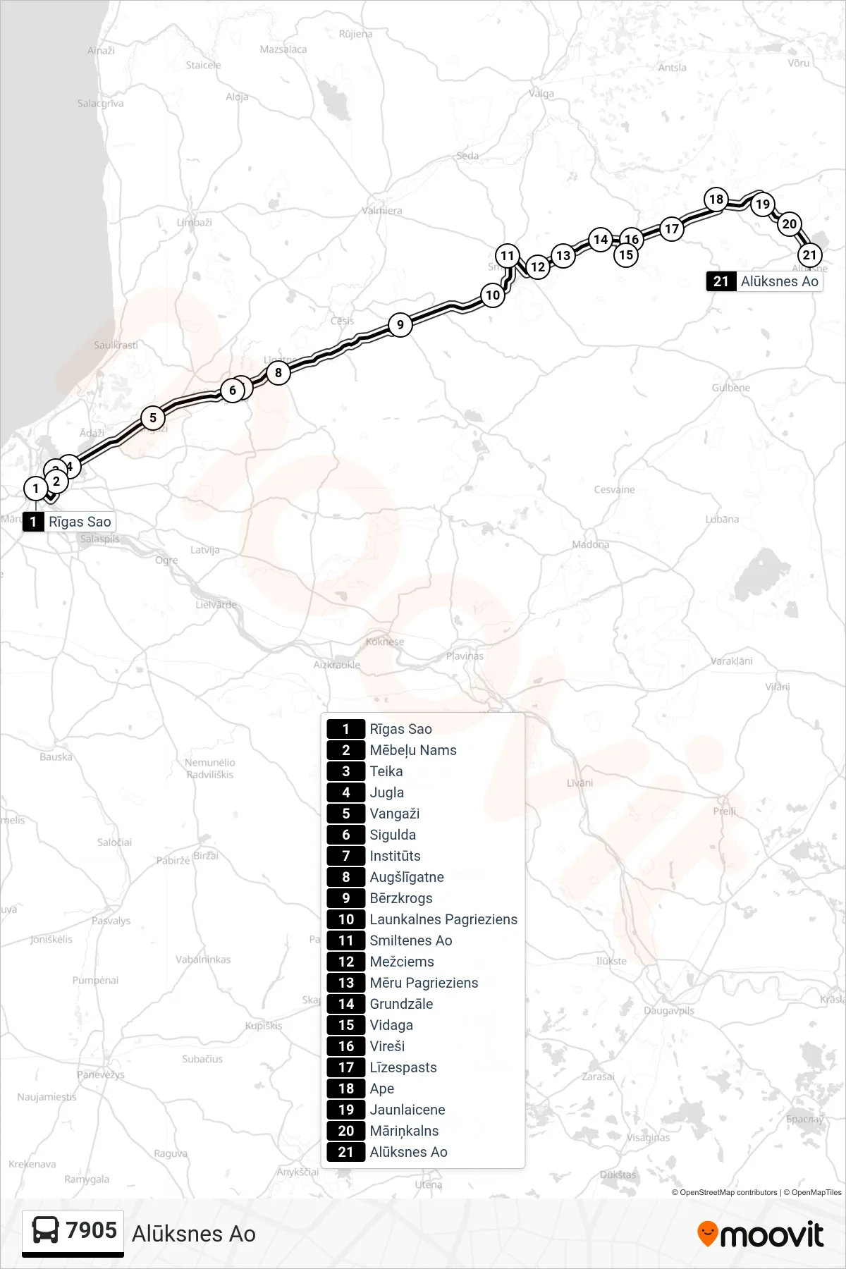 7905 bus Line (Alūksnes Ao) route and stops on a map