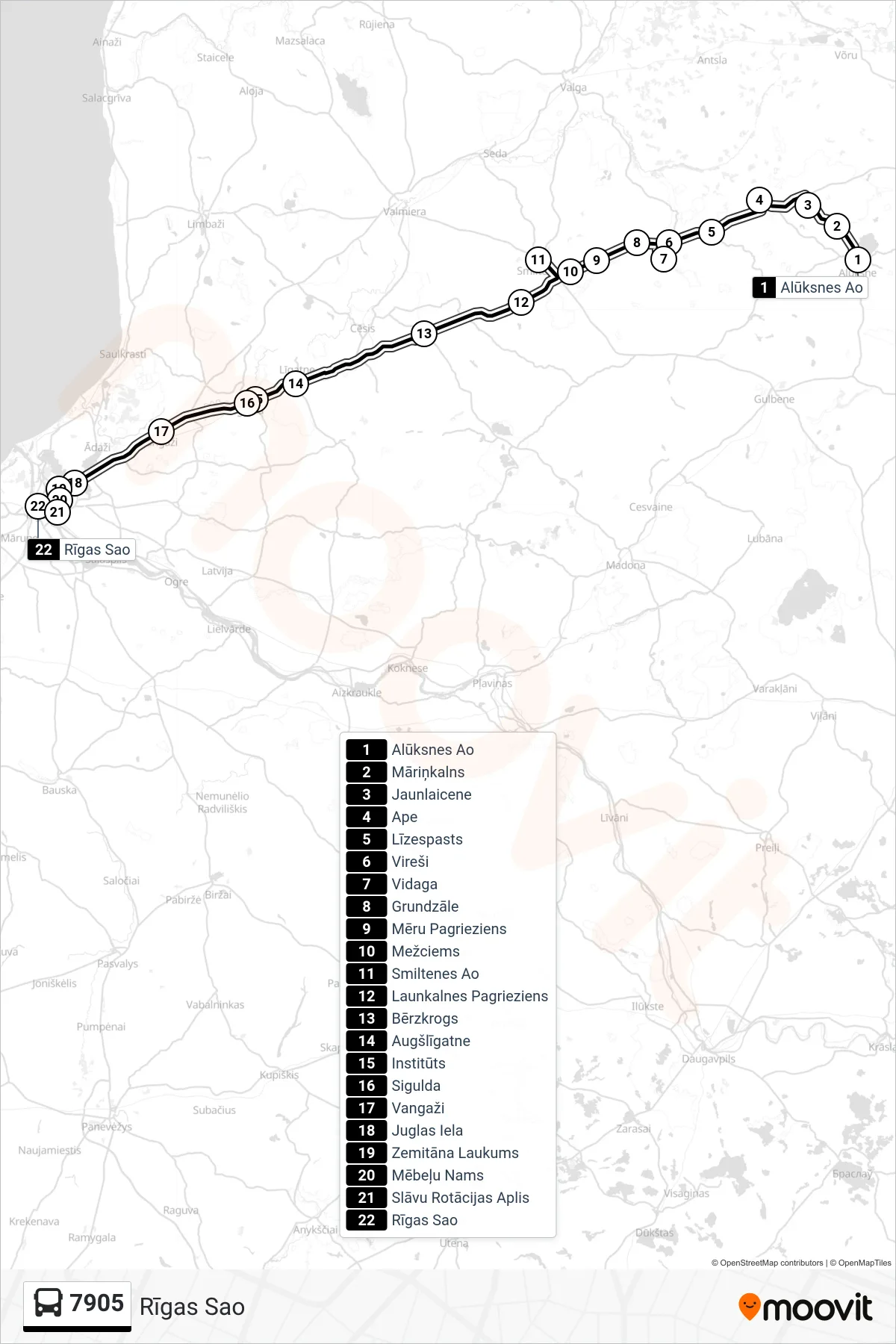 7905 bus Line (Rīgas Sao) route and stops on a map