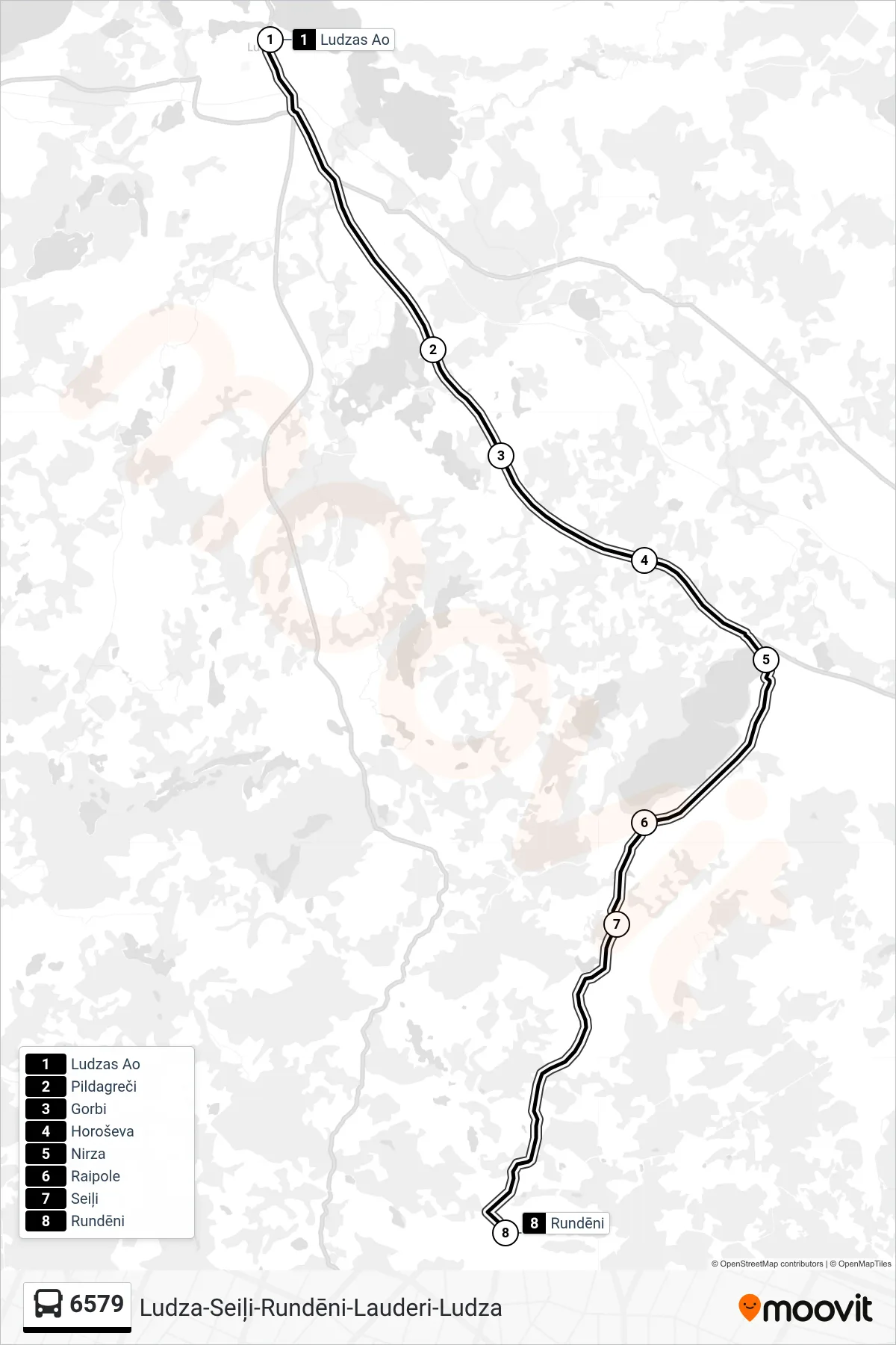 6579 bus Line (Rundēni) route and stops on a map