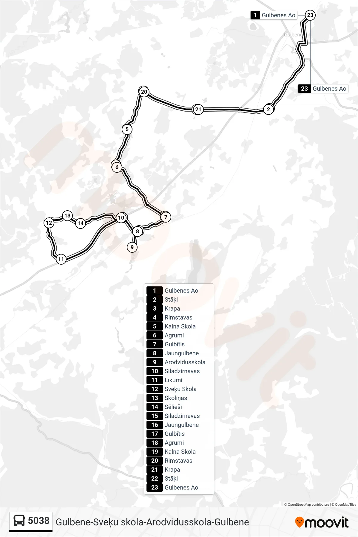 5038 bus Line (Gulbenes Ao) route and stops on a map