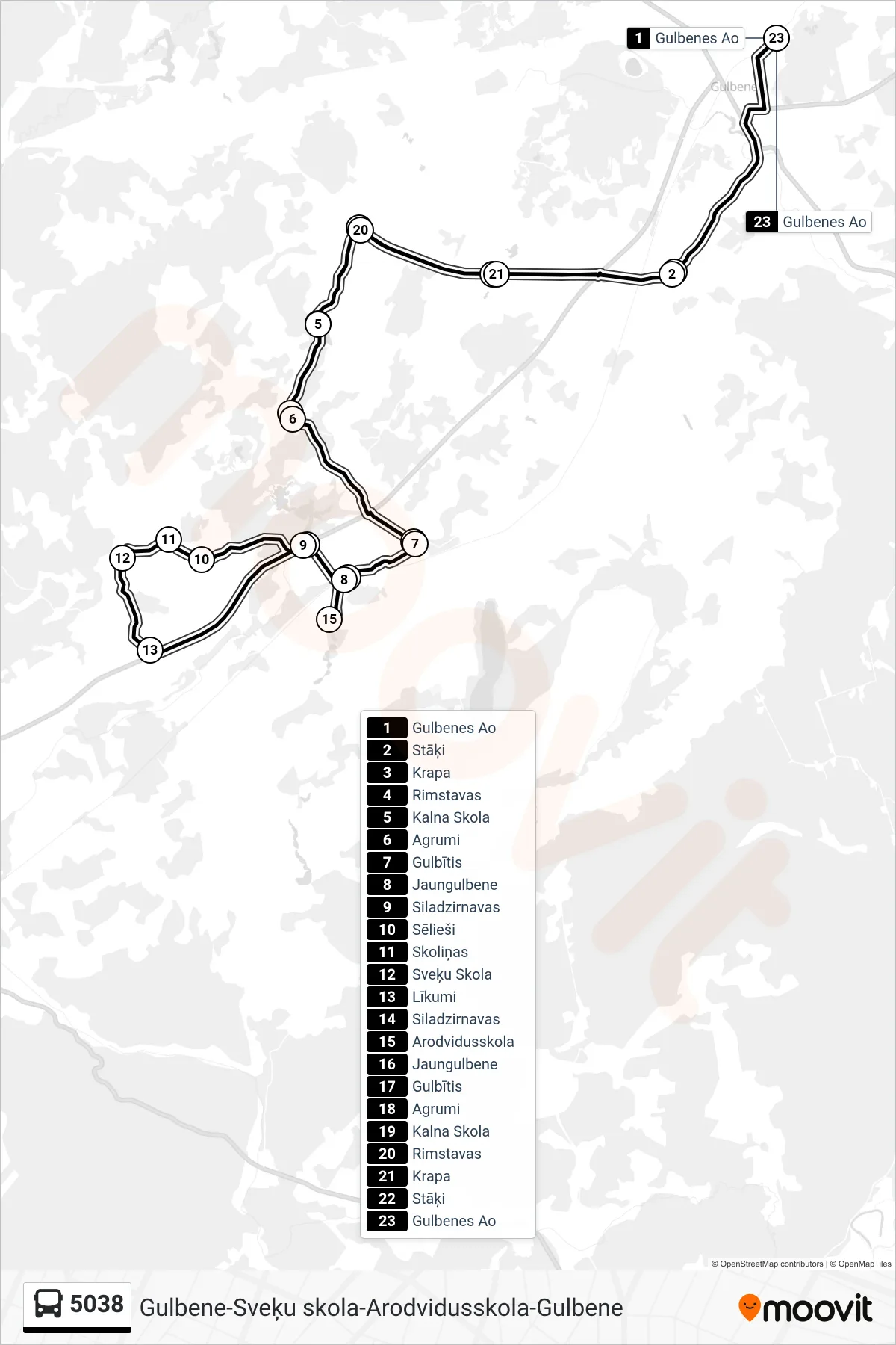 5038 bus Line (Gulbenes Ao) route and stops on a map