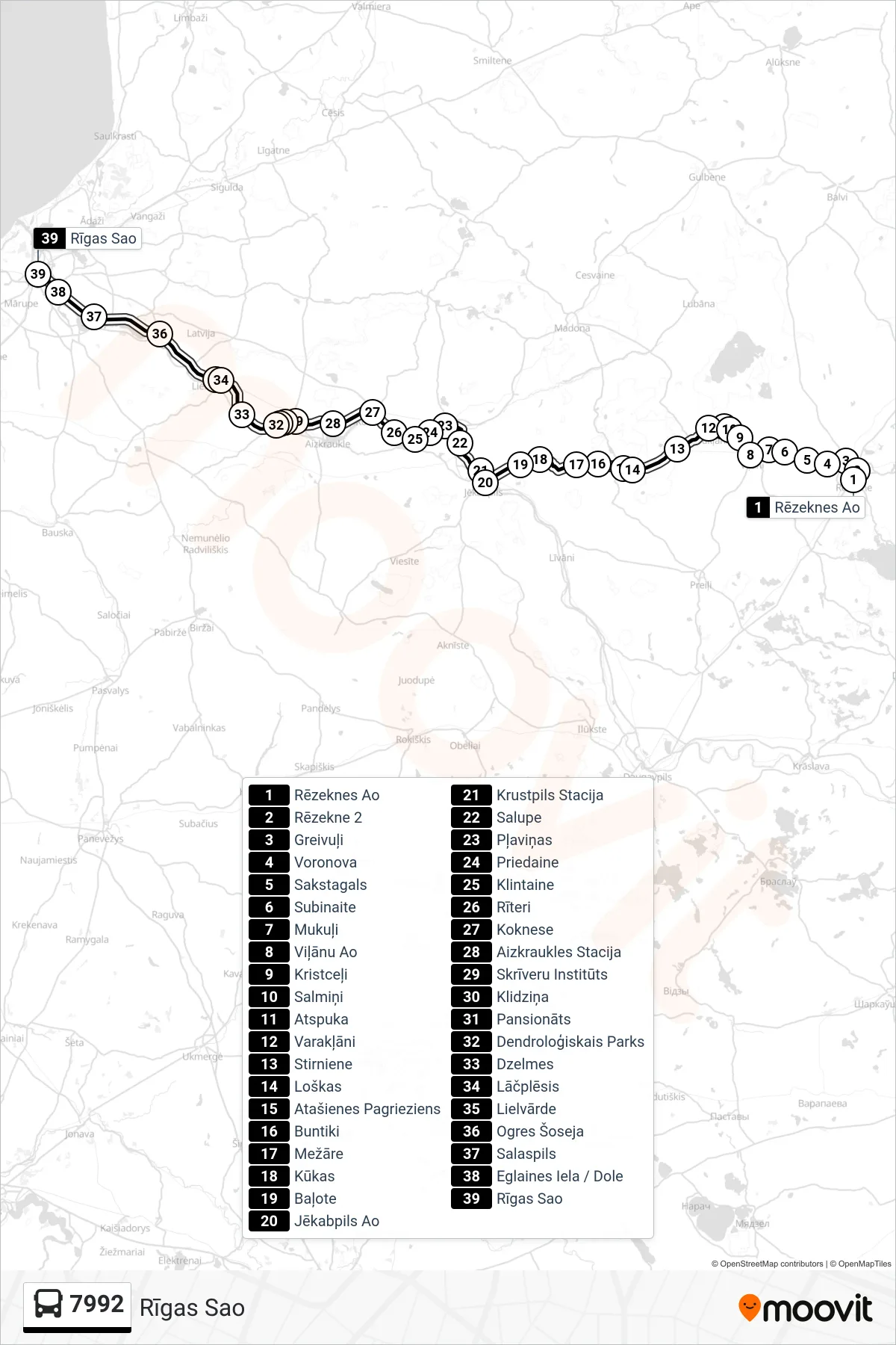 7992 bus Line (Rīgas Sao) route and stops on a map