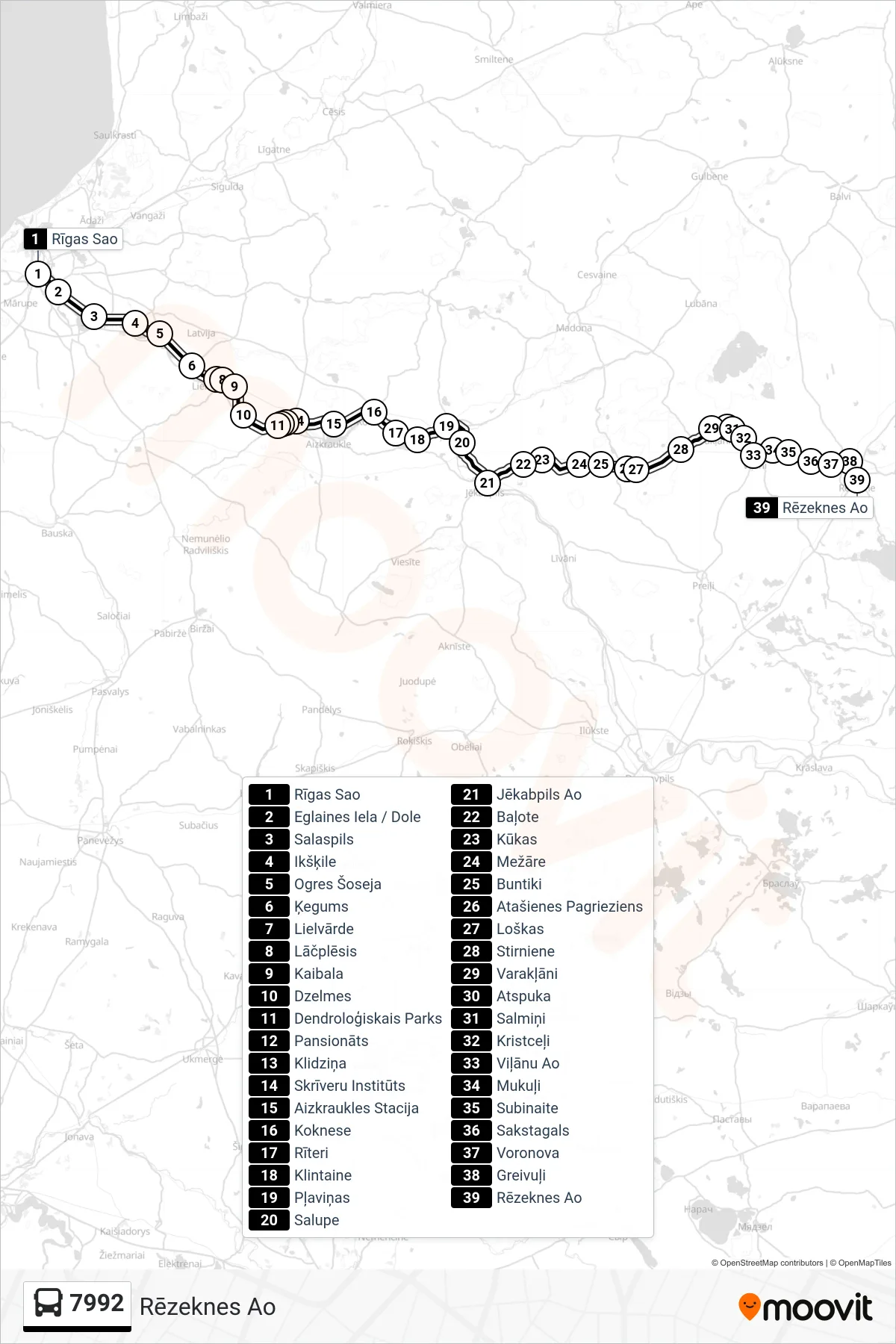 7992 bus Line (Rēzeknes Ao) route and stops on a map