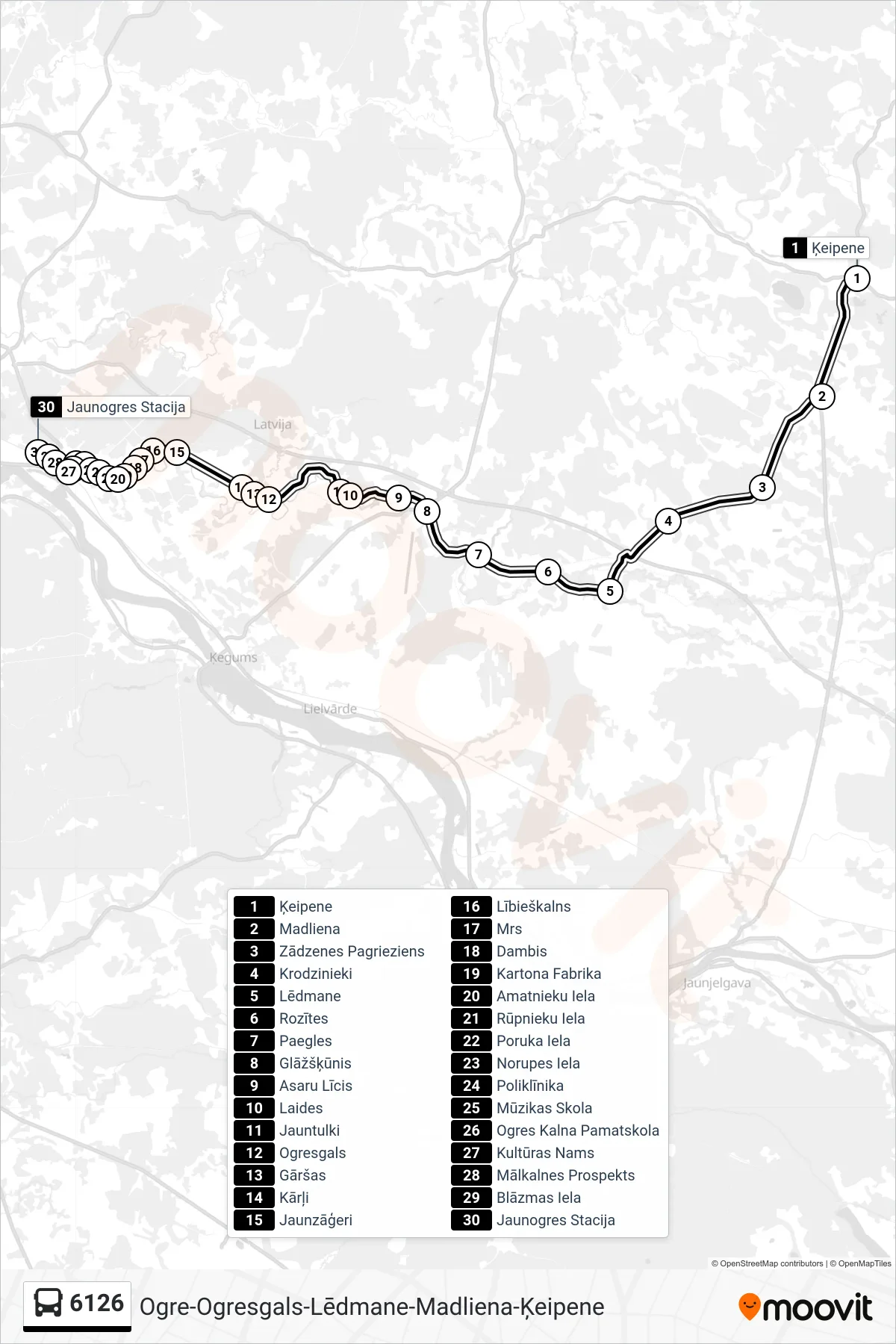 6126 bus Line (Jaunogres Stacija) route and stops on a map
