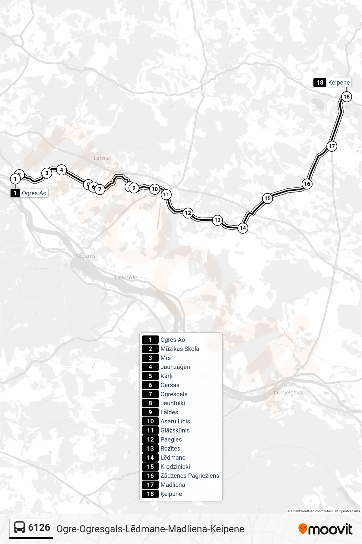 6126 bus Line (Ķeipene) route and stops on a map